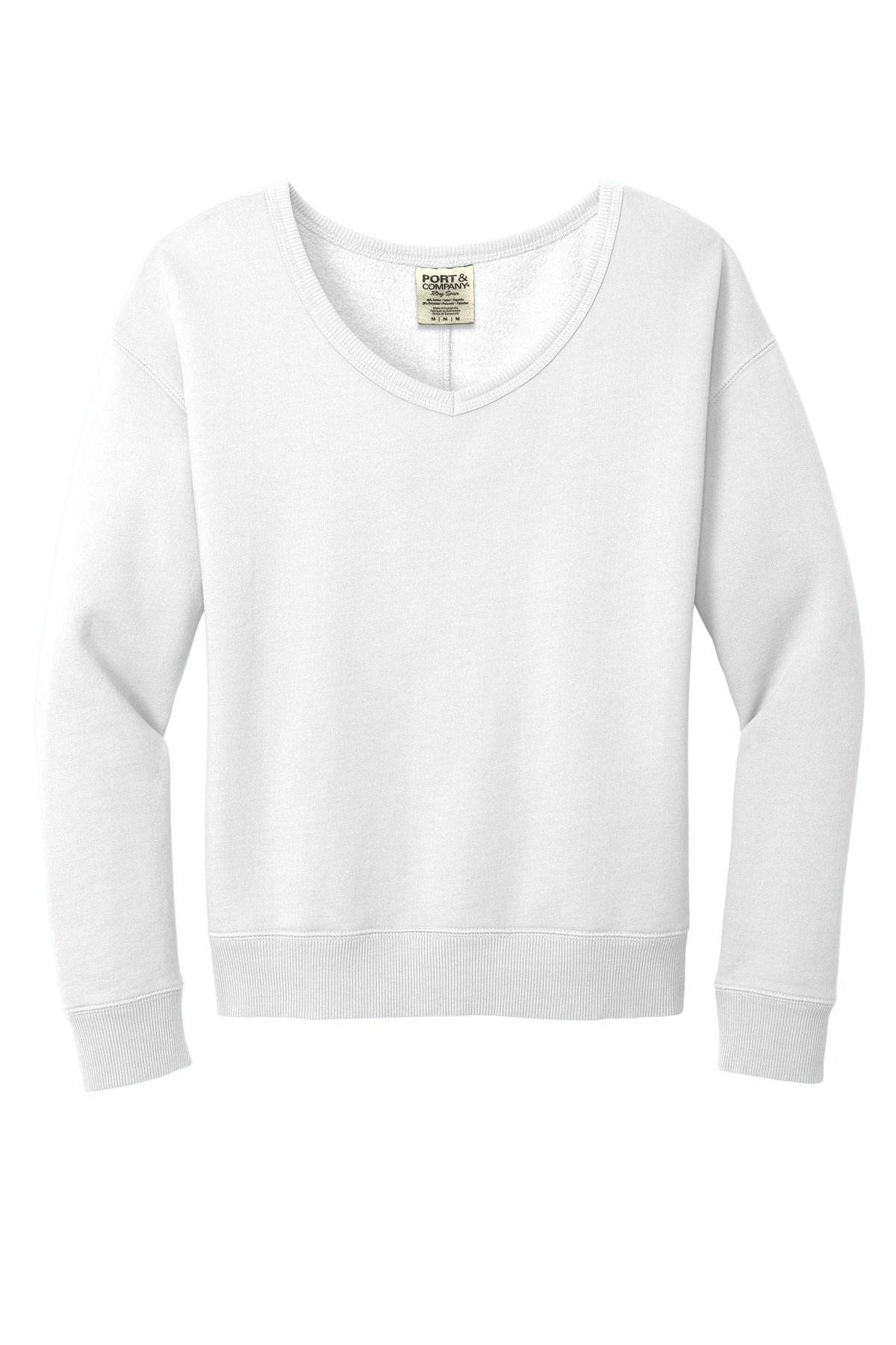 Port & Co Women's Beach Wash Garment-Dyed V-Neck Sweatshirt - White