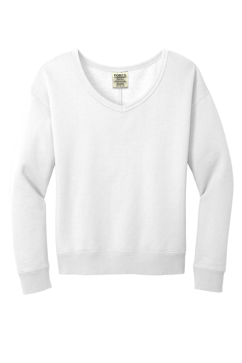 Port & Co Women's Beach Wash Garment-Dyed V-Neck Sweatshirt - White