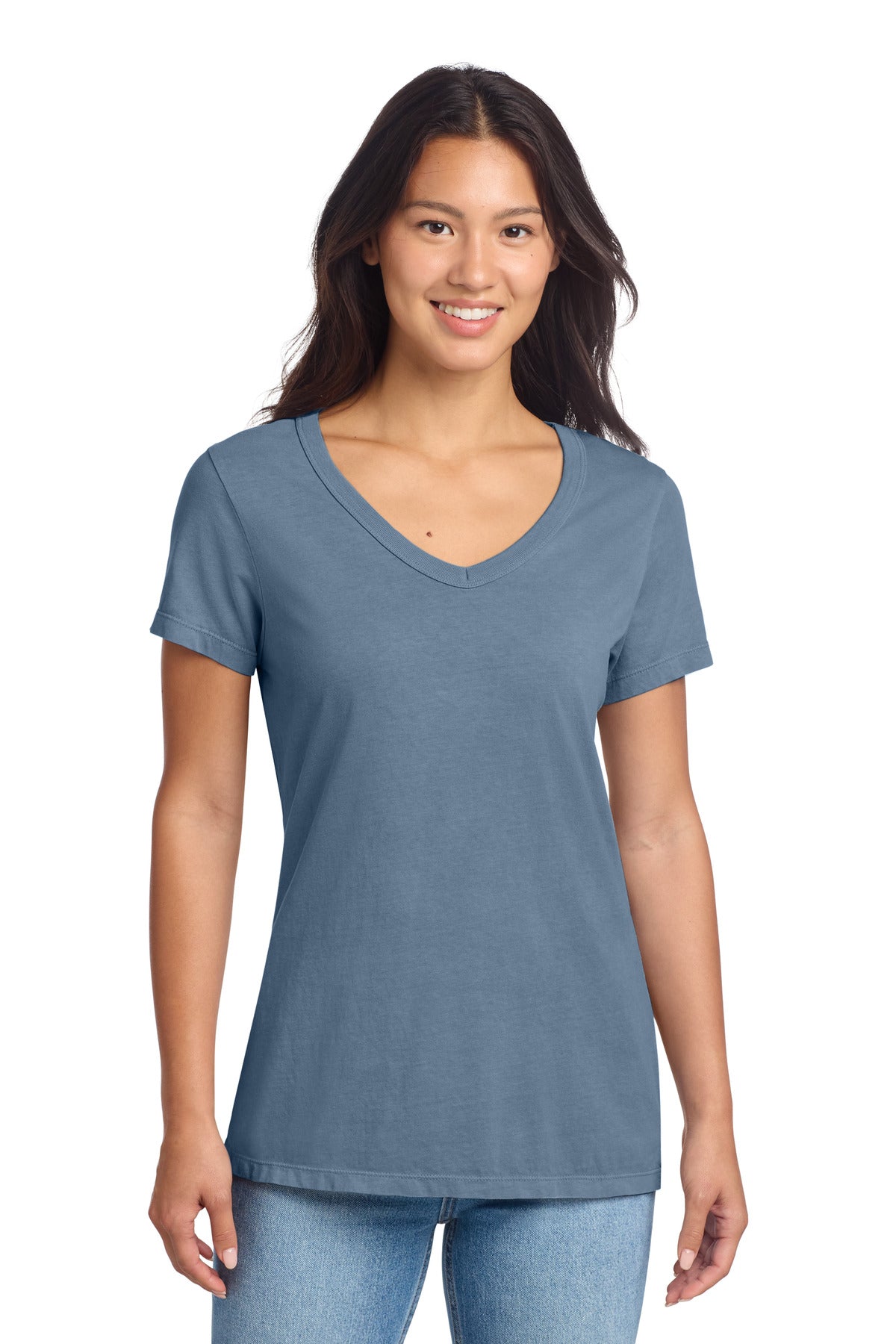 Port & Co Women's Beach Wash Garment-Dyed V-Neck Tee - Faded Denim