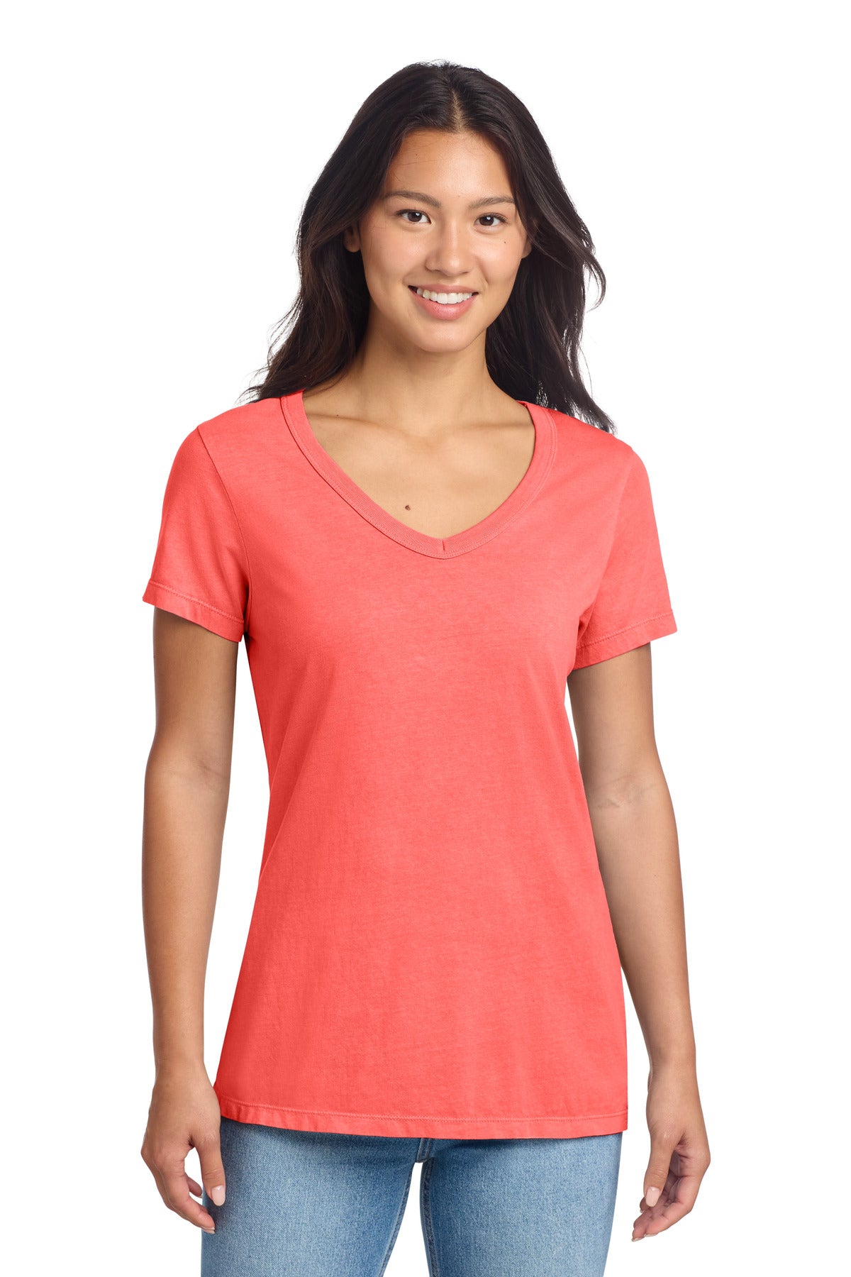 Port & Co Women's Beach Wash Garment-Dyed V-Neck Tee - Poppy