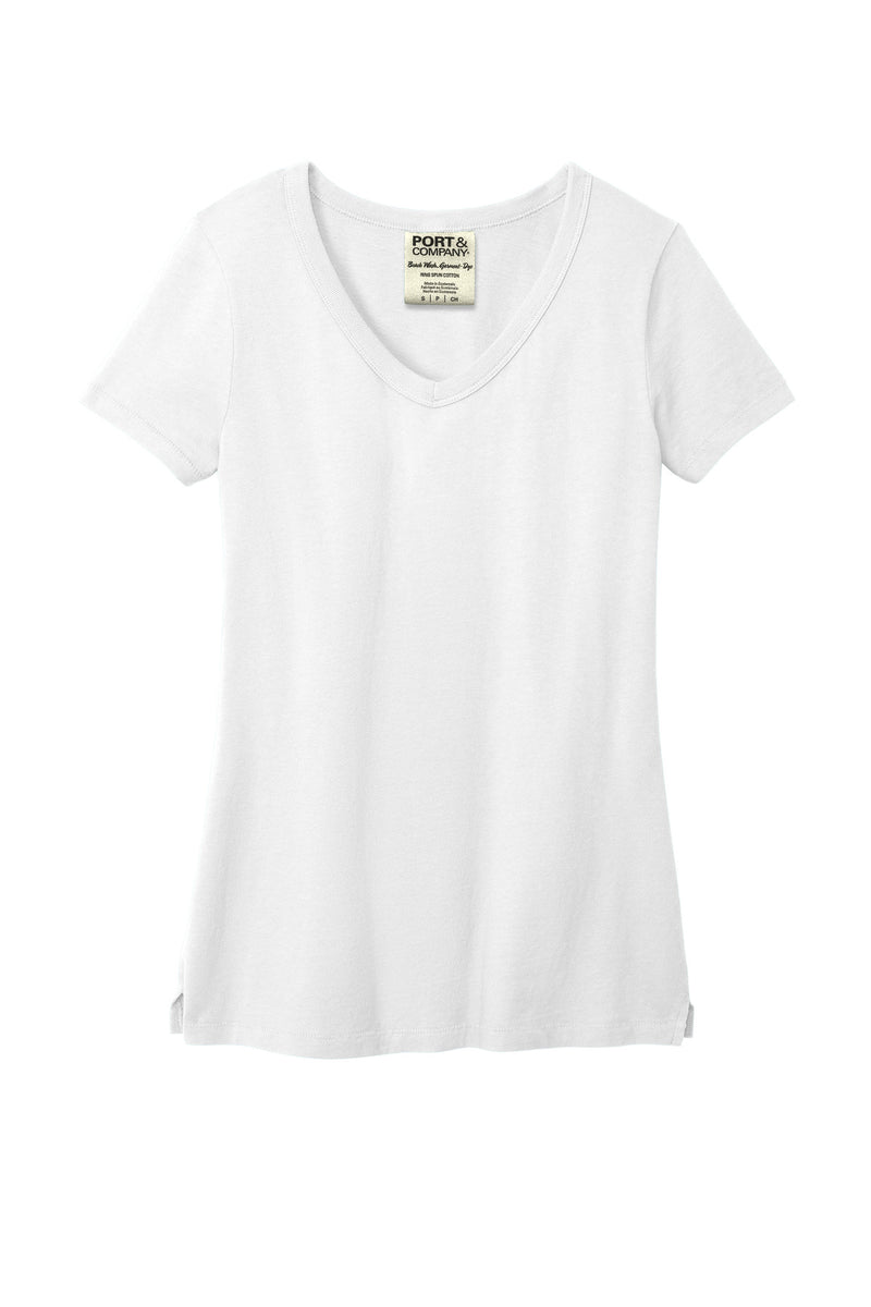 Port & Co Women's Beach Wash Garment-Dyed V-Neck Tee - White