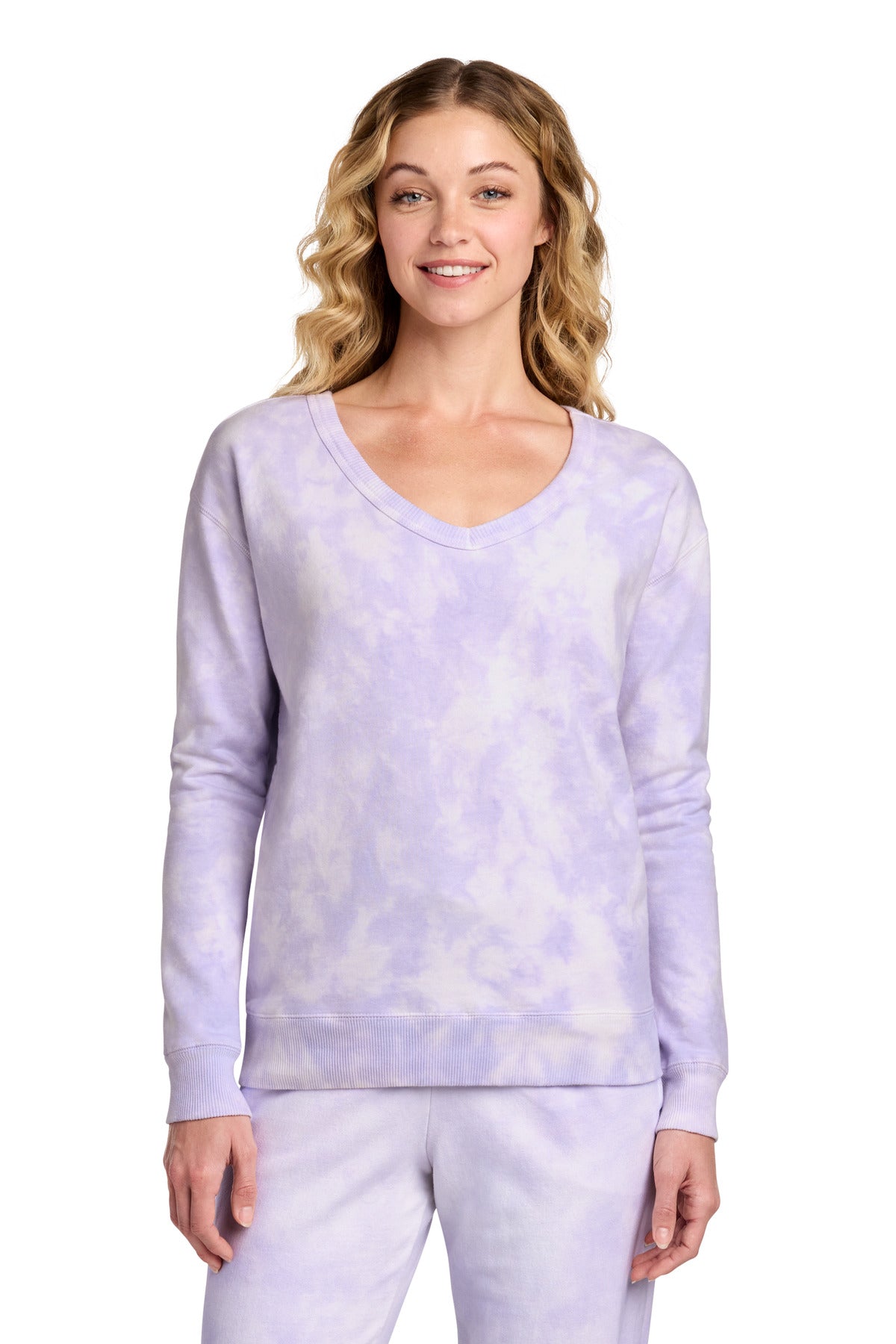 Port & Co Women's Beach Wash Cloud Tie-Dye V-Neck Sweatshirt - Amethyst
