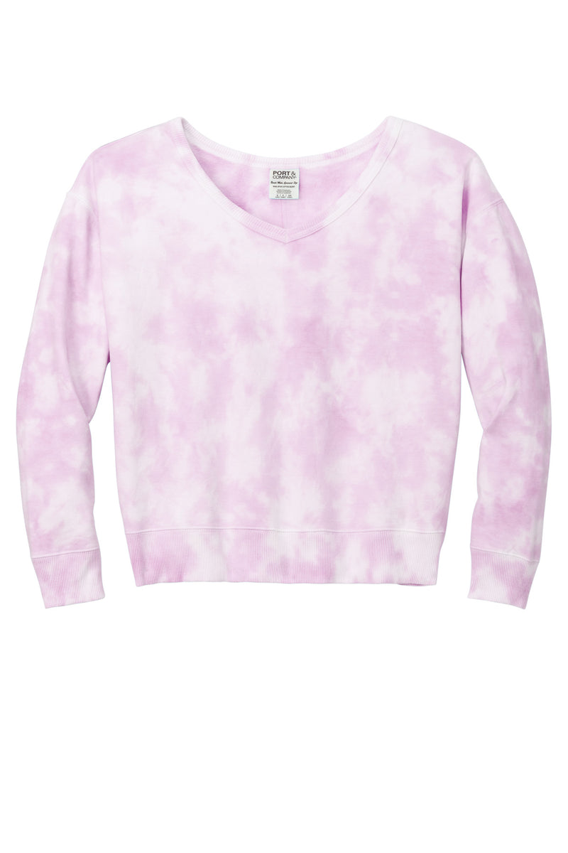 Port & Co Women's Beach Wash Cloud Tie-Dye V-Neck Sweatshirt - Cerise Pink