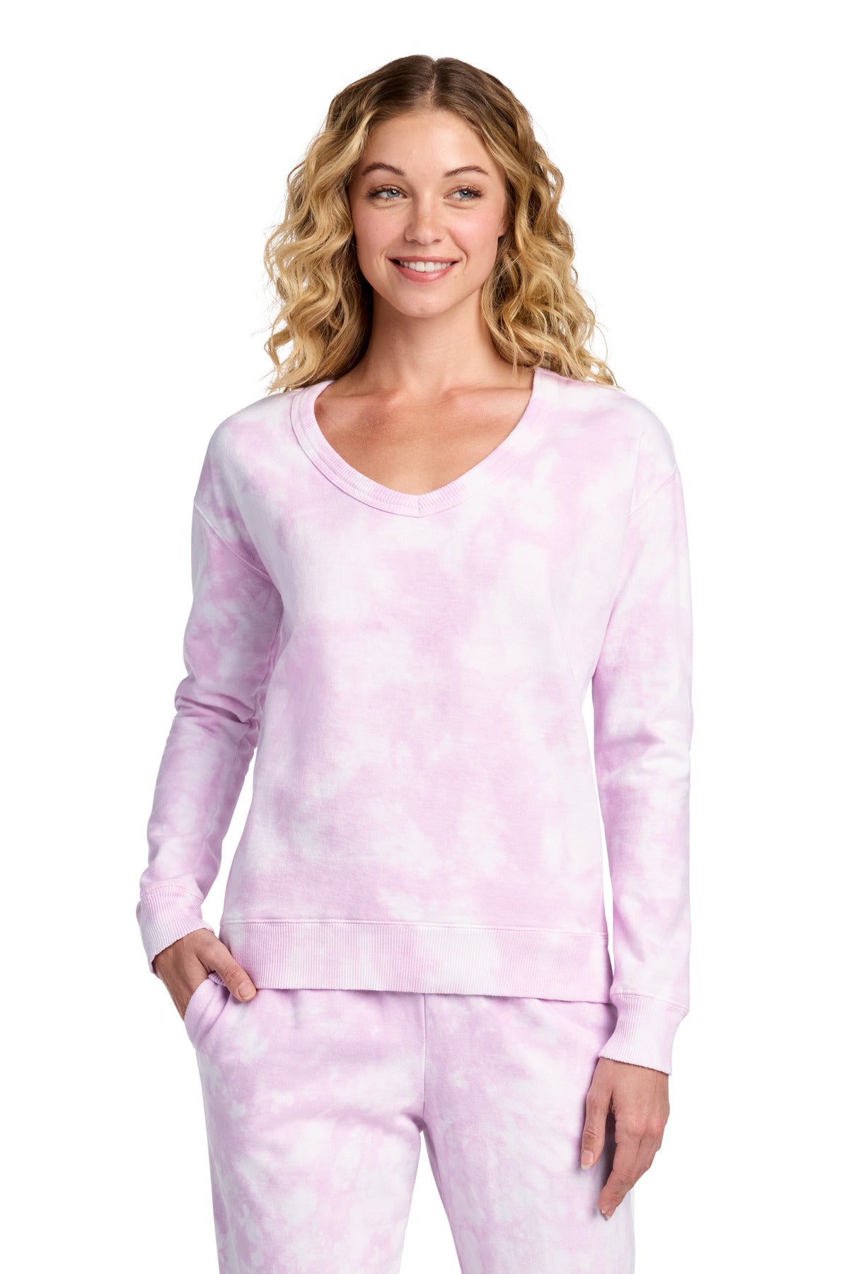 Port & Co Women's Beach Wash Cloud Tie-Dye V-Neck Sweatshirt - Cerise Pink
