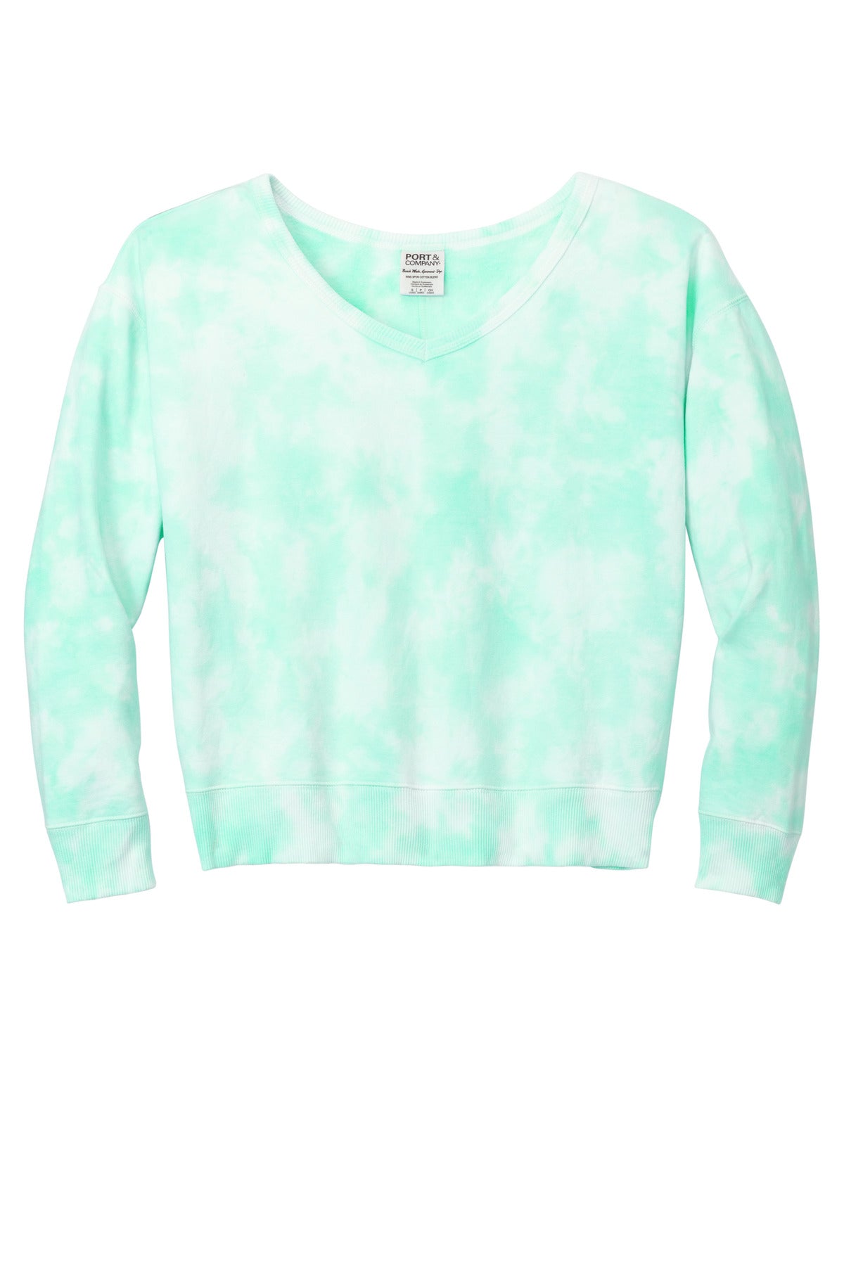 Port & Co Women's Beach Wash Cloud Tie-Dye V-Neck Sweatshirt - Cool Mint