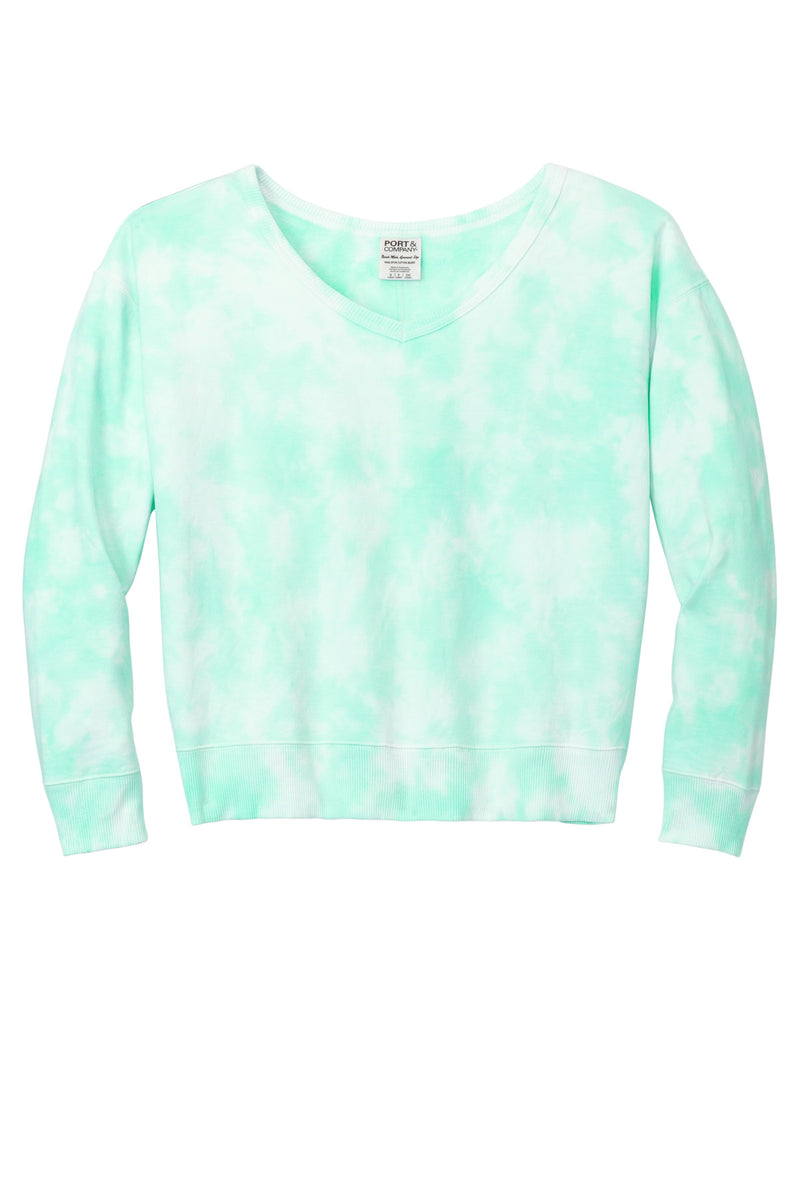 Port & Co Women's Beach Wash Cloud Tie-Dye V-Neck Sweatshirt - Cool Mint