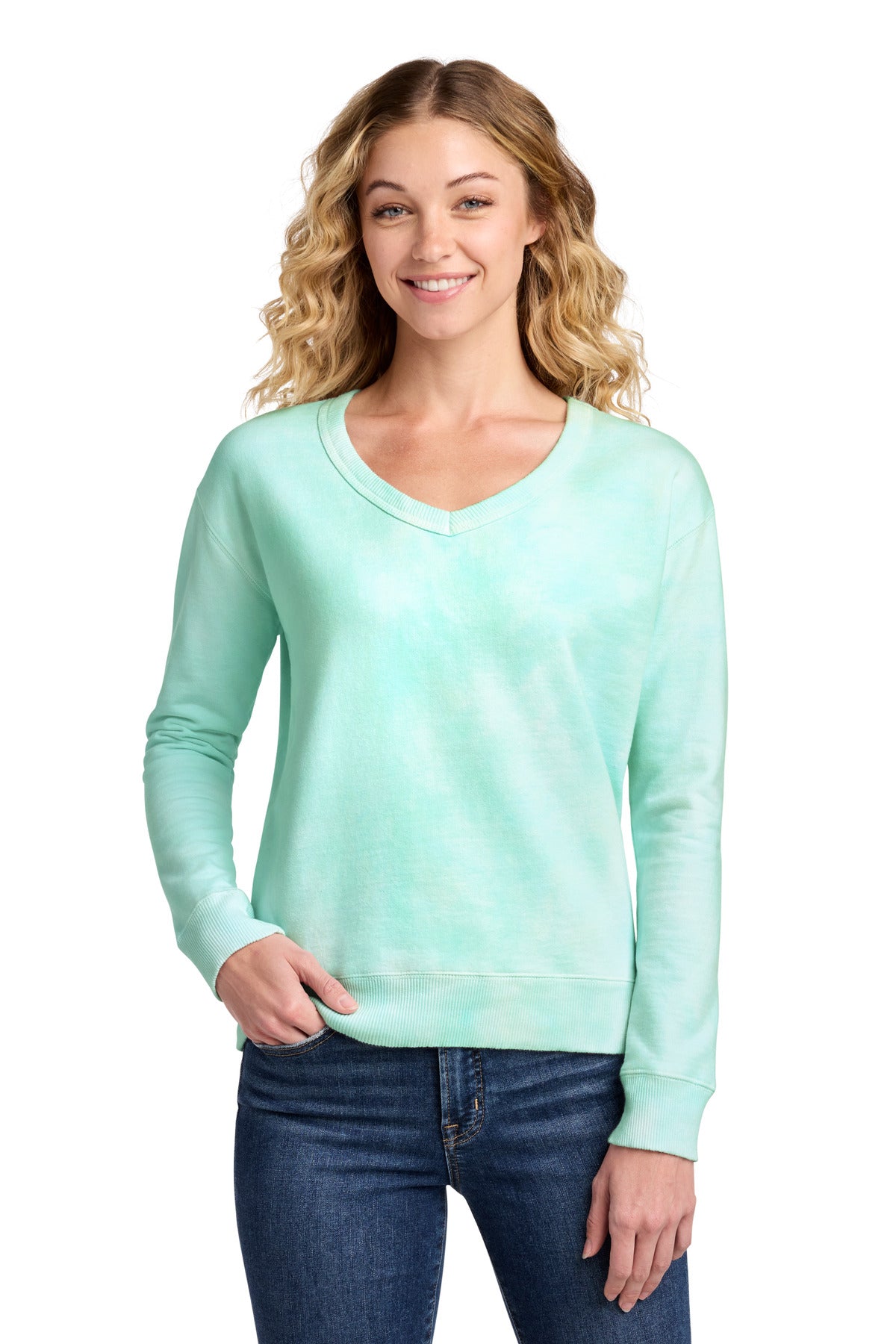 Port & Co Women's Beach Wash Cloud Tie-Dye V-Neck Sweatshirt - Cool Mint