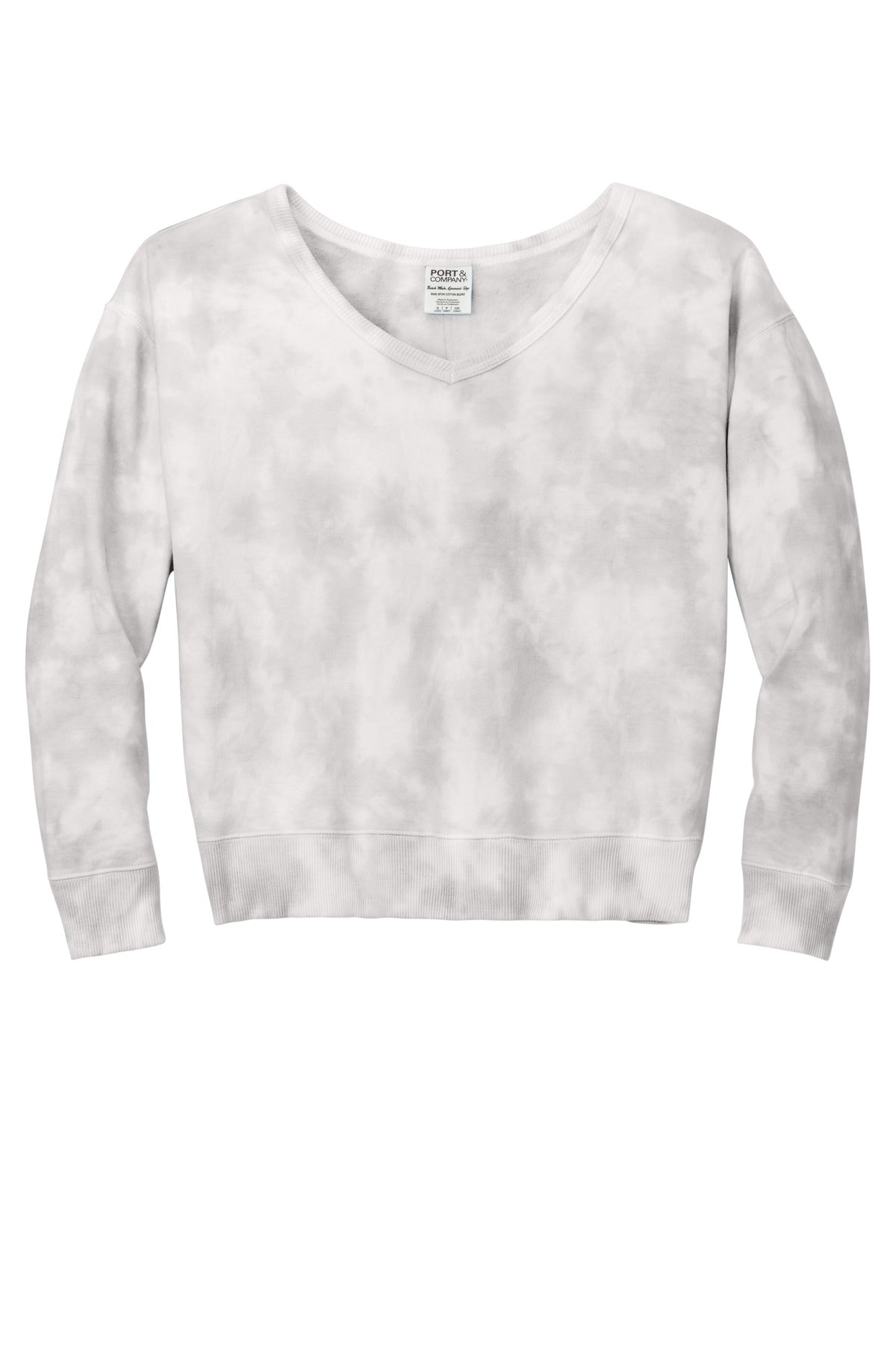 Port & Co Women's Beach Wash Cloud Tie-Dye V-Neck Sweatshirt - Dove Grey