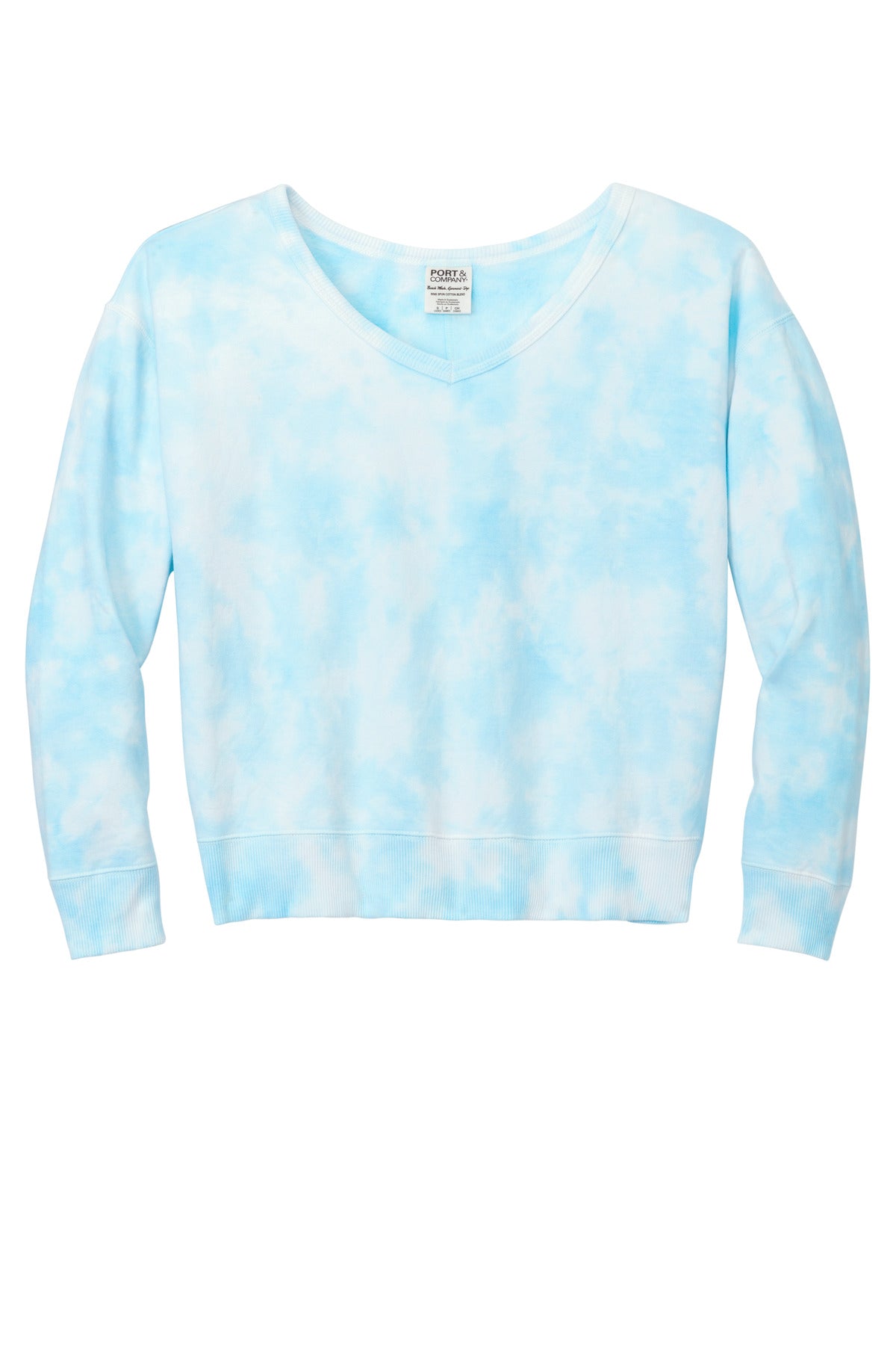 Port & Co Women's Beach Wash Cloud Tie-Dye V-Neck Sweatshirt - Glacier