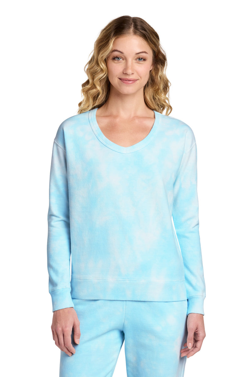 Port & Co Women's Beach Wash Cloud Tie-Dye V-Neck Sweatshirt - Glacier