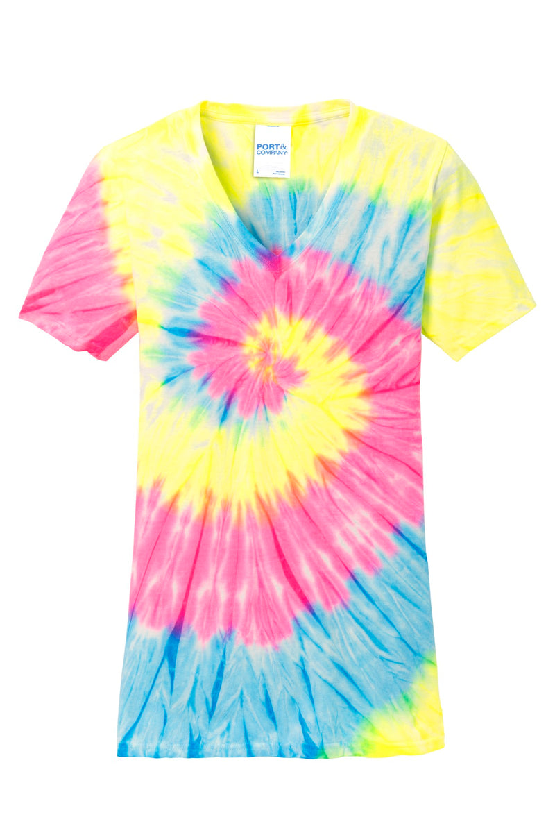Port & Co Women's Tie-Dye V-Neck Tee - Neon Rainbow