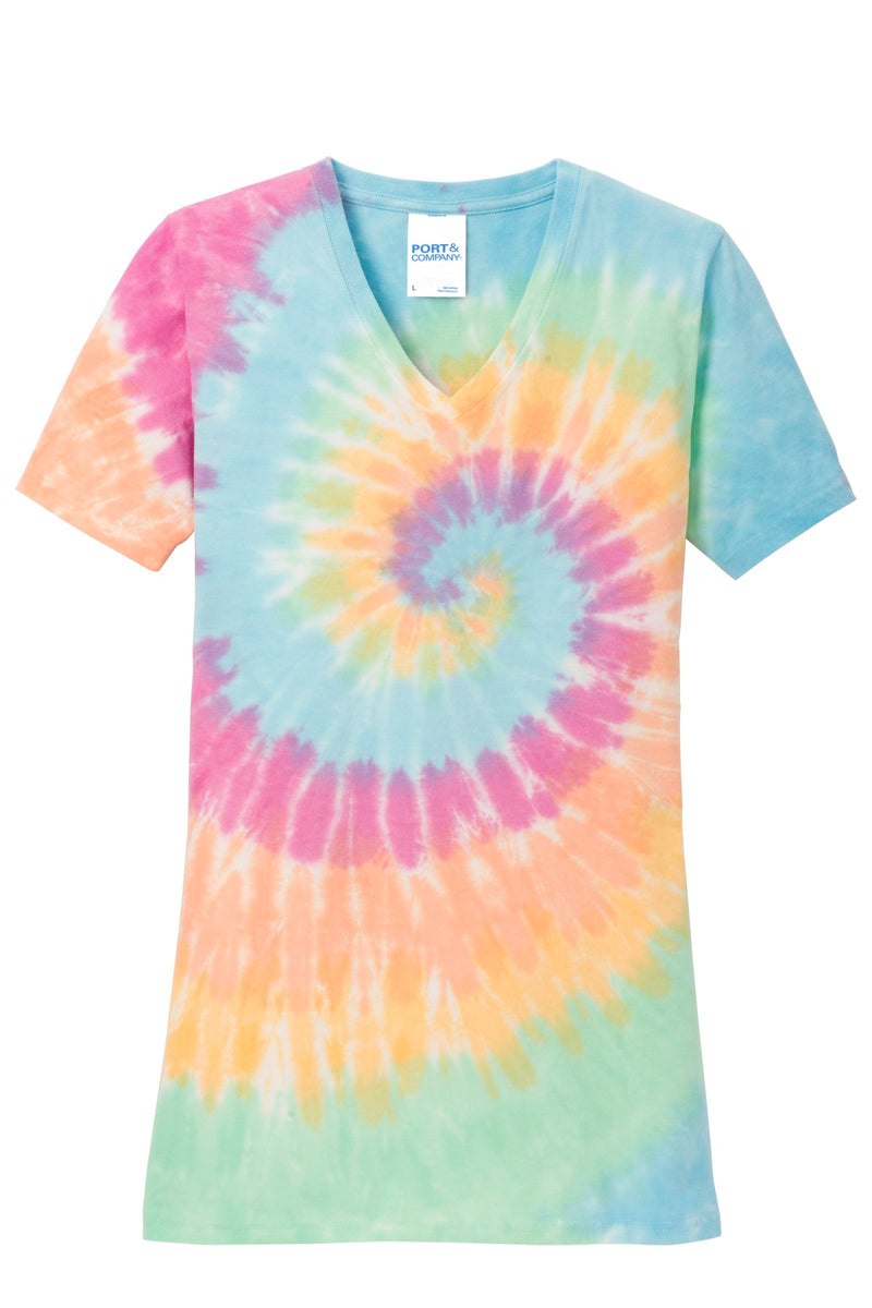 Port & Co Women's Tie-Dye V-Neck Tee - Pastel Rainbow