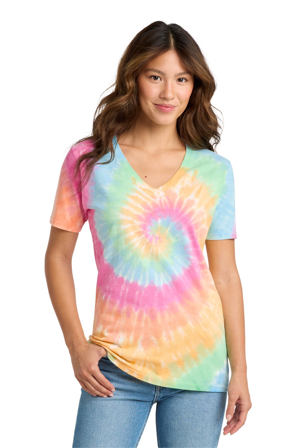 Port & Co Women's Tie-Dye V-Neck Tee - Pastel Rainbow