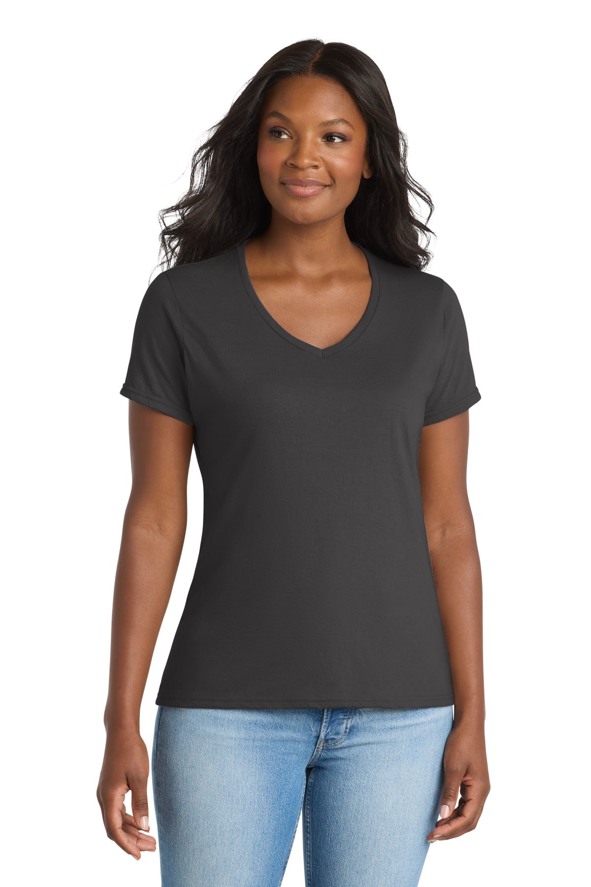 Port & Co Women's Performance Blend V-Neck Tee - Charcoal