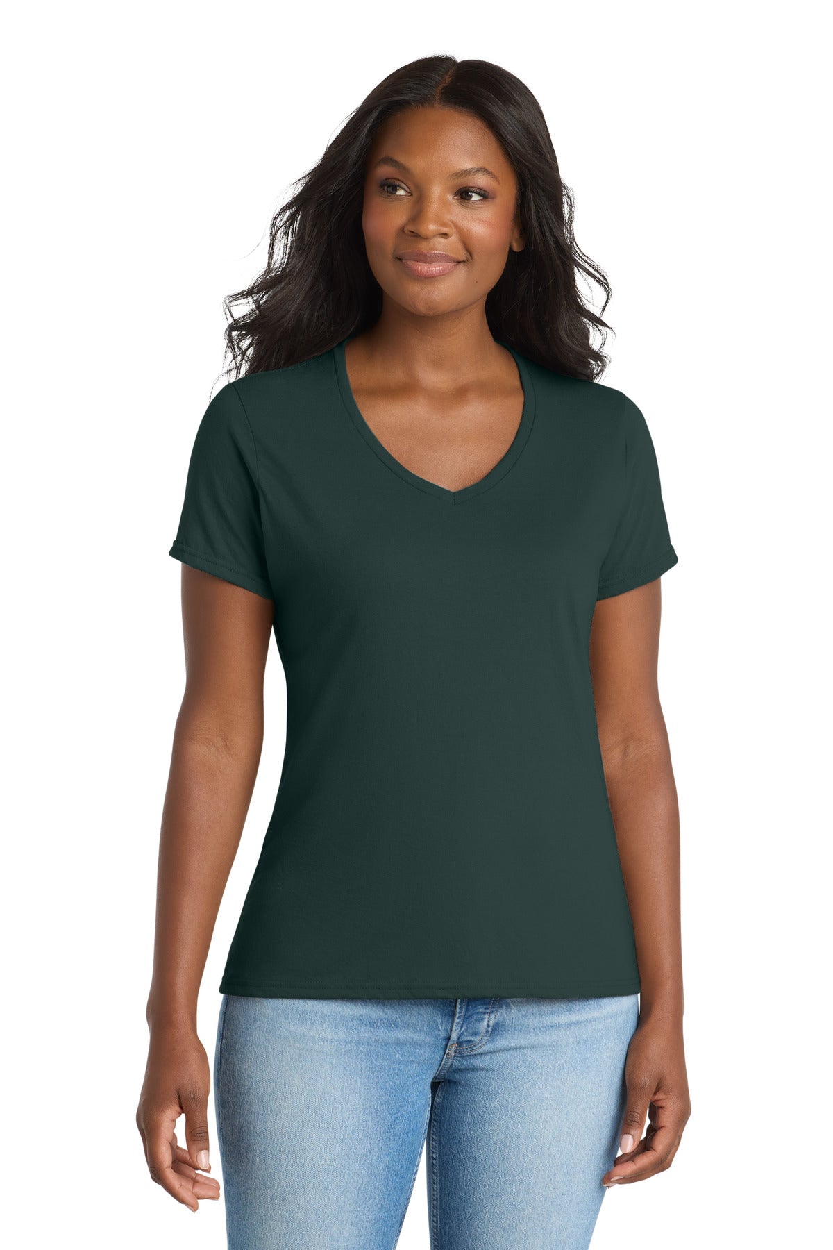 Port & Co Women's Performance Blend V-Neck Tee - Dark Green