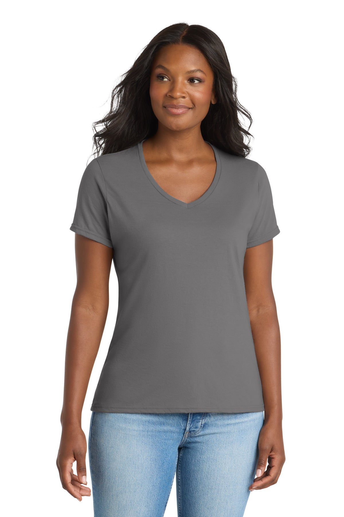 Port & Co Women's Performance Blend V-Neck Tee - Medium Grey
