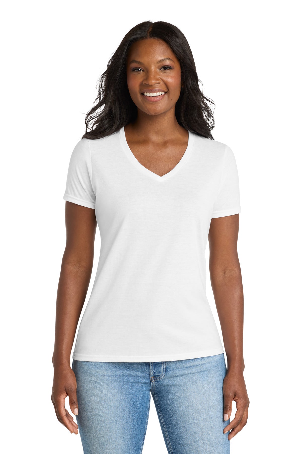 Port & Co Women's Performance Blend V-Neck Tee - White