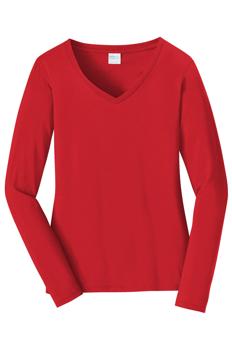 Port & Co Women's Long Sleeve Fan Favorite V-Neck Tee - Bright Red