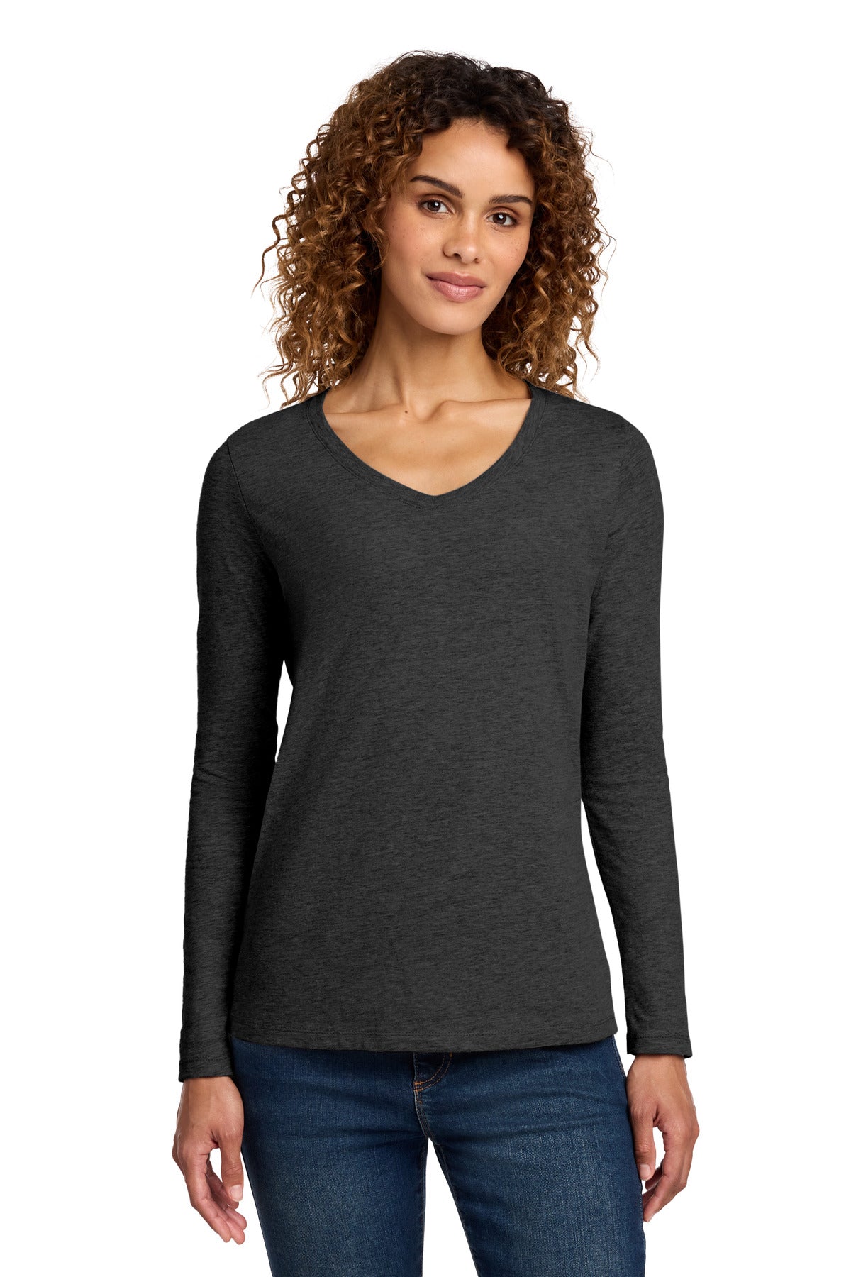 Port & Co Women's Long Sleeve Fan Favorite V-Neck Tee - Dark Heather Grey