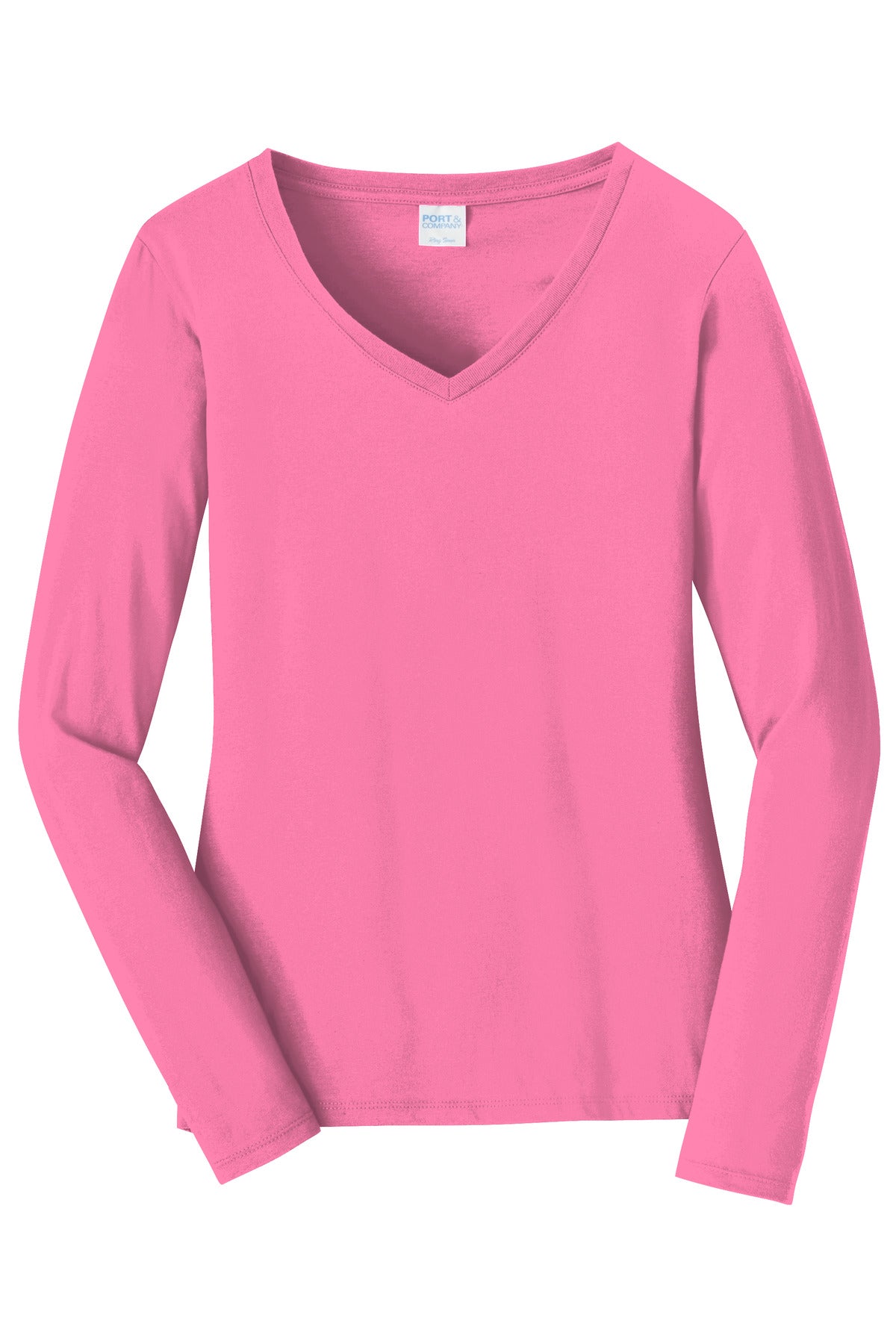 Port & Co Women's Long Sleeve Fan Favorite V-Neck Tee - New Pink