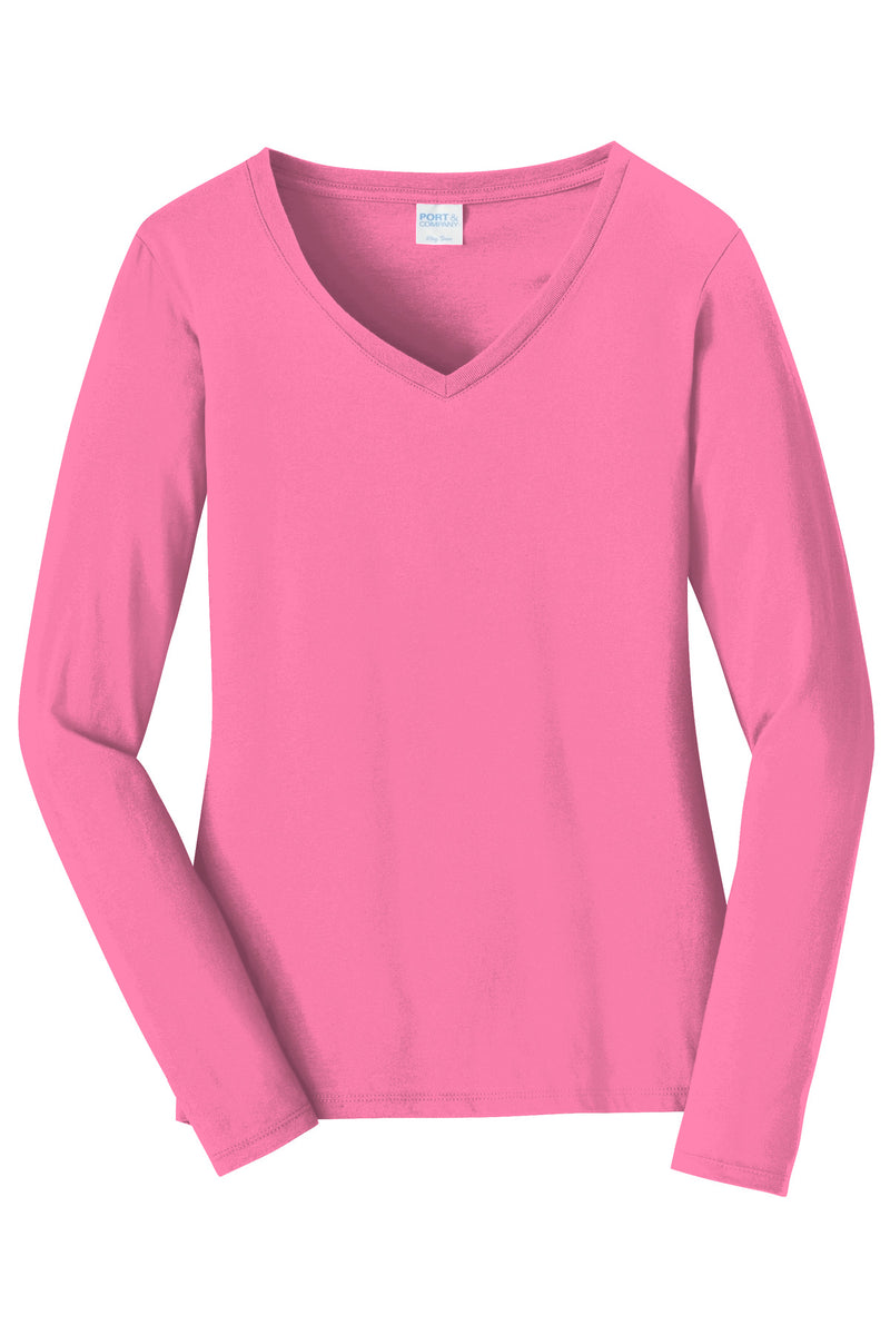 Port & Co Women's Long Sleeve Fan Favorite V-Neck Tee - New Pink
