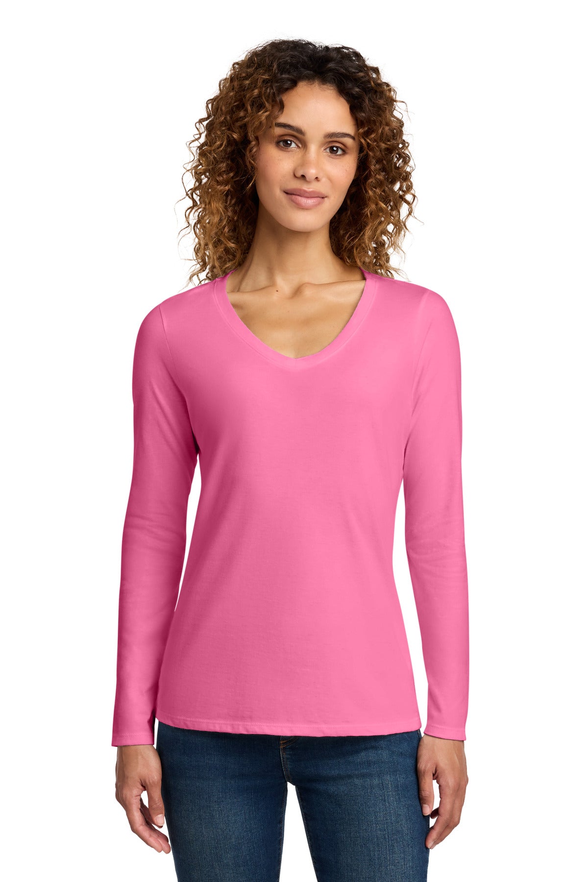 Port & Co Women's Long Sleeve Fan Favorite V-Neck Tee - New Pink