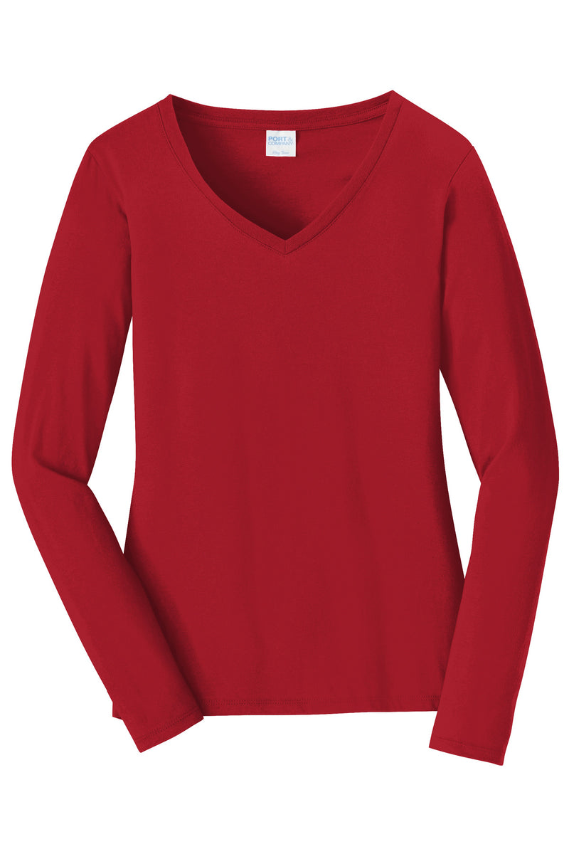 Port & Co Women's Long Sleeve Fan Favorite V-Neck Tee - Team Cardinal