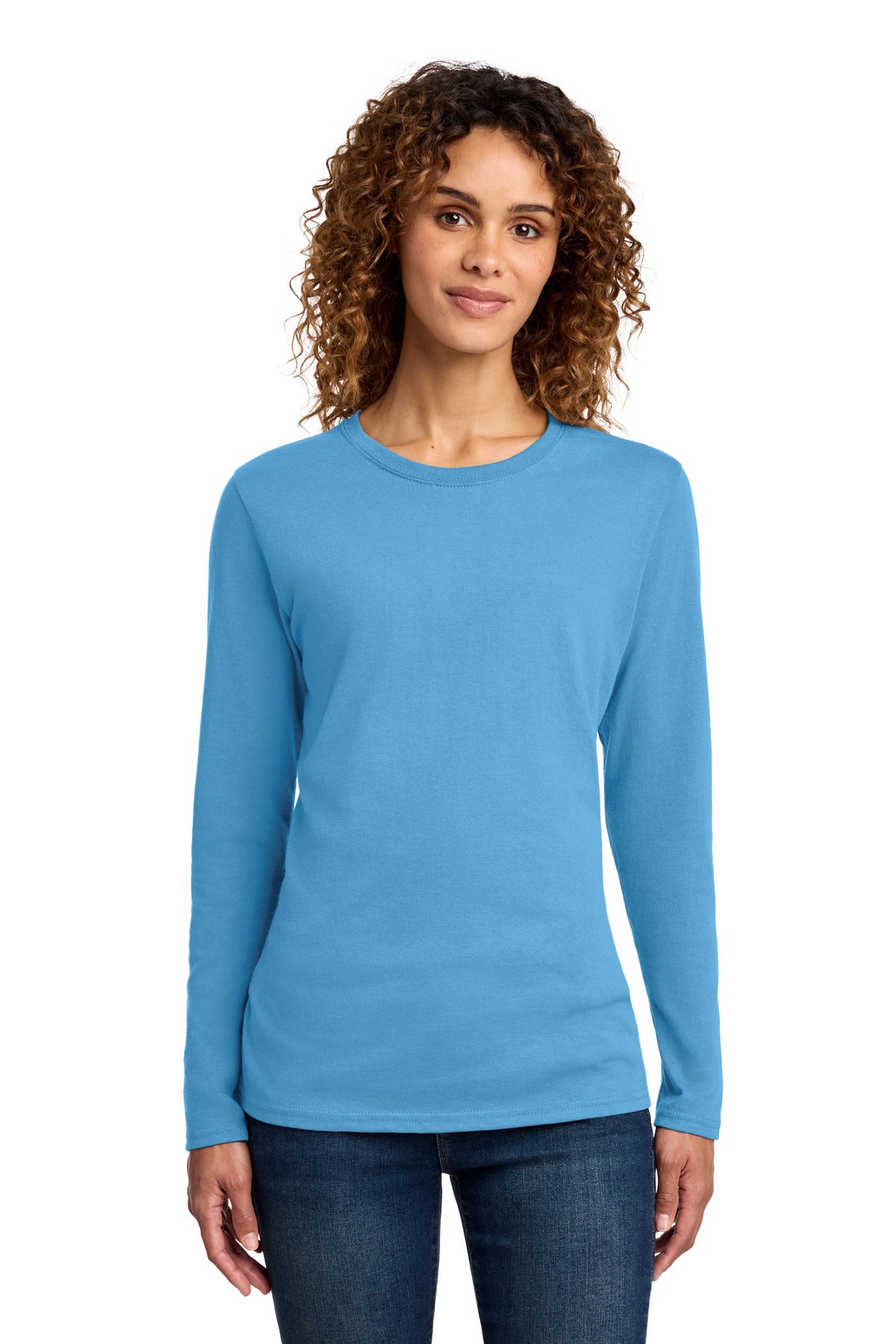 Port & Co Women's Long Sleeve Core Cotton Tee - Aquatic Blue