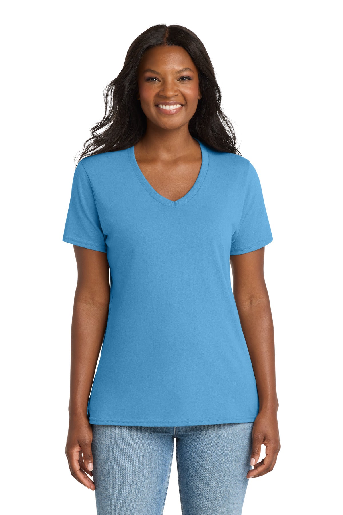 Port & Co Women's Core Cotton V-Neck Tee - Aquatic Blue