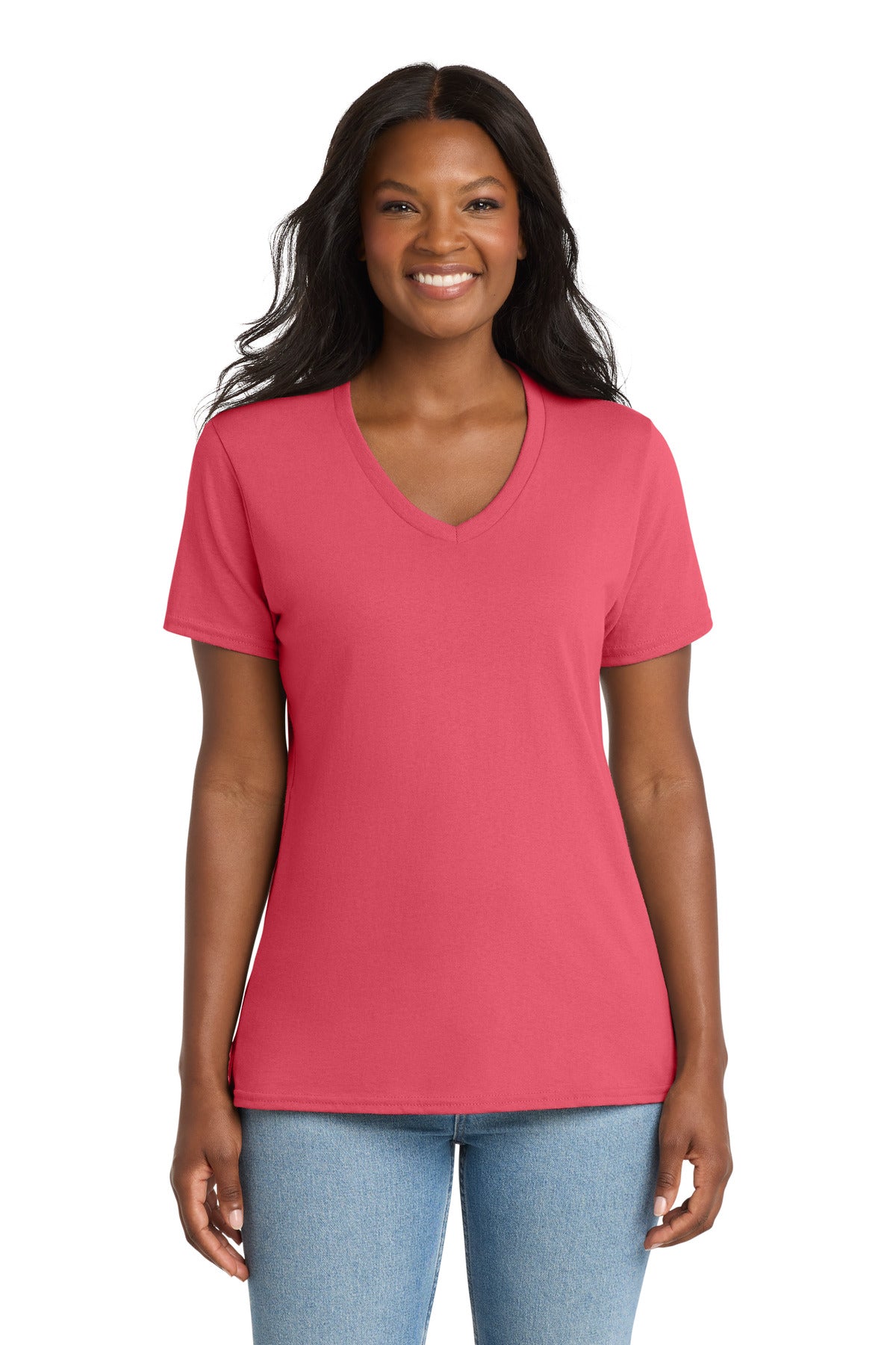 Port & Co Women's Core Cotton V-Neck Tee - Coral