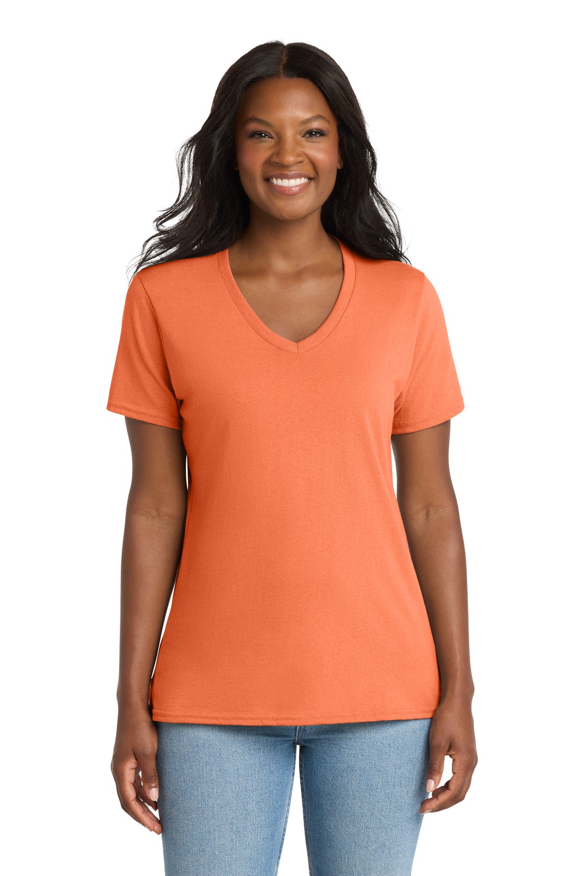 Port & Co Women's Core Cotton V-Neck Tee - Neon Orange