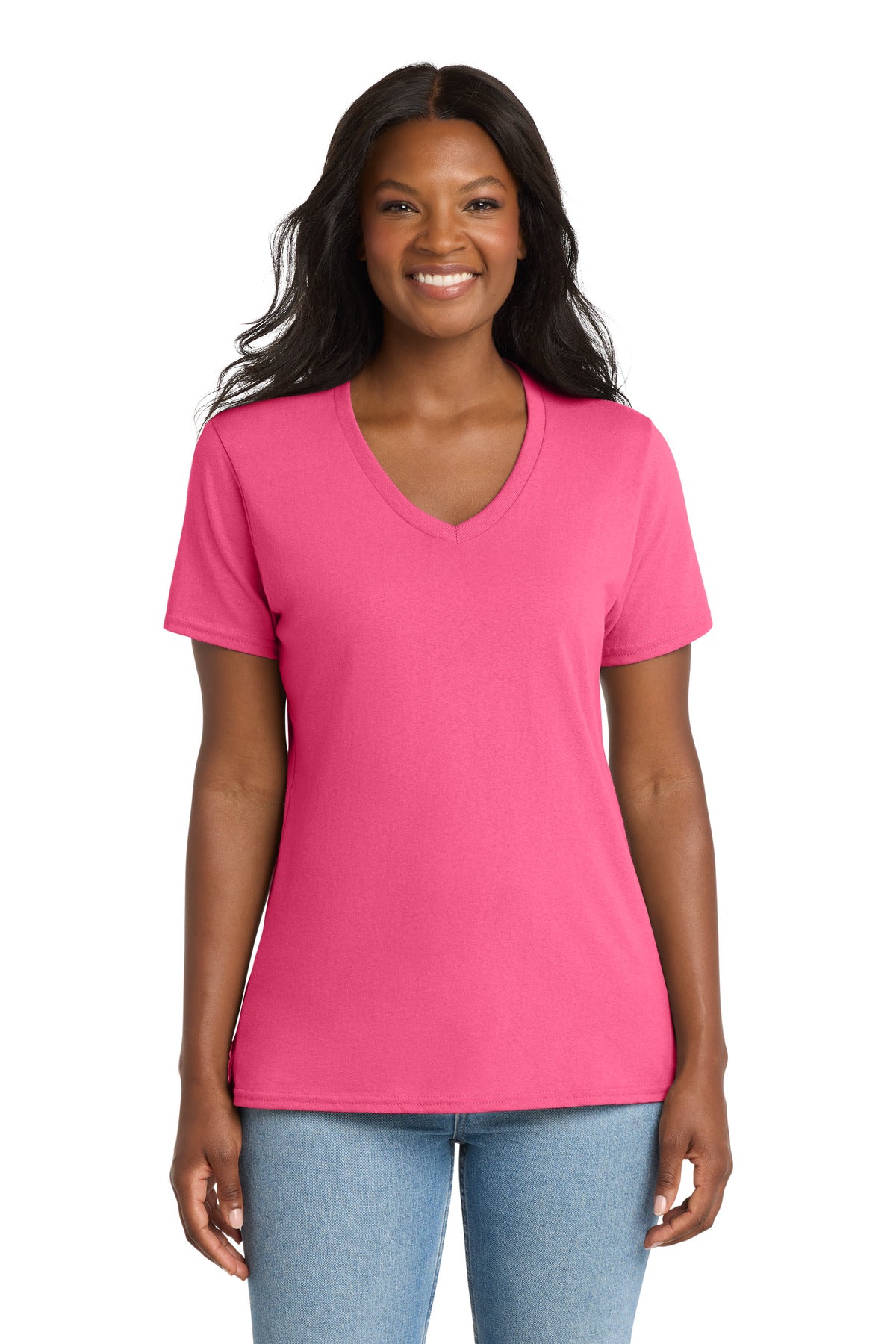 Port & Co Women's Core Cotton V-Neck Tee - Neon Pink