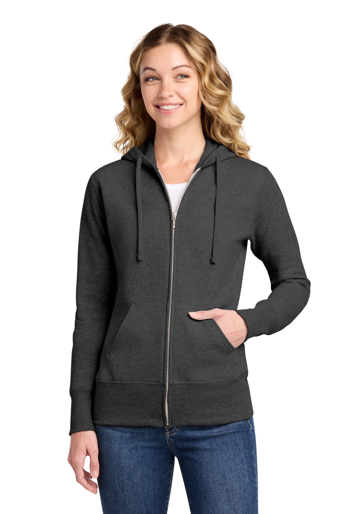 Port & Co Women's Core Fleece Full-Zip Hooded Sweatshirt - Dark Heather Grey