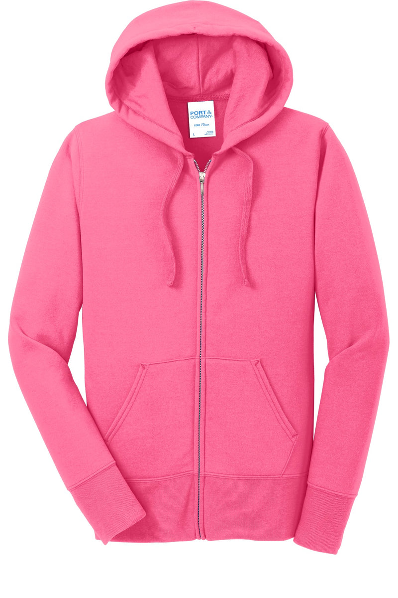 Port & Co Women's Core Fleece Full-Zip Hooded Sweatshirt - Neon Pink