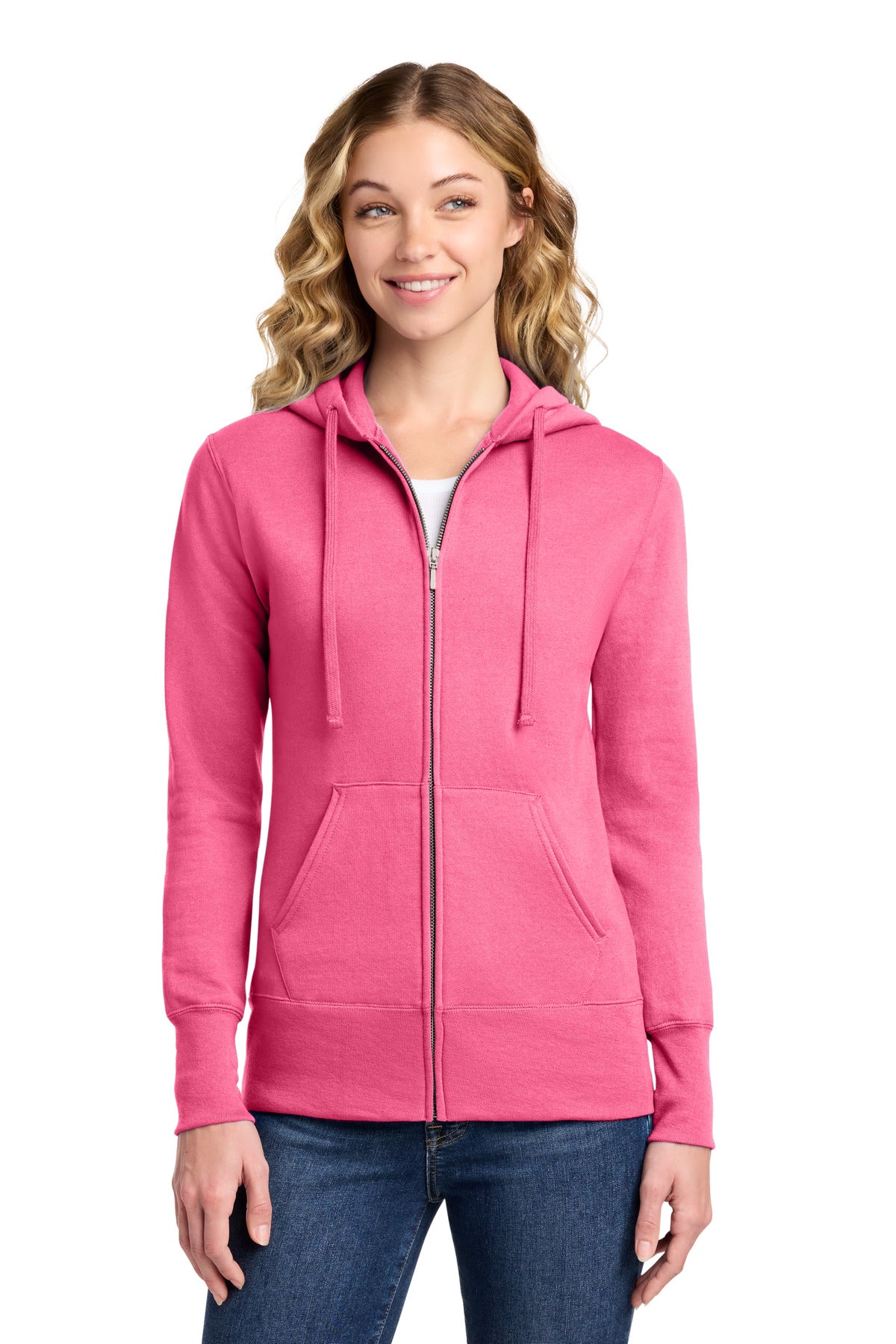 Port & Co Women's Core Fleece Full-Zip Hooded Sweatshirt - Neon Pink
