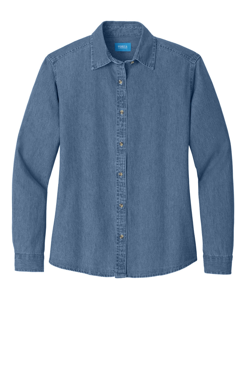 Port & Co Women's Long Sleeve Value Denim Shirt - Faded Blue
