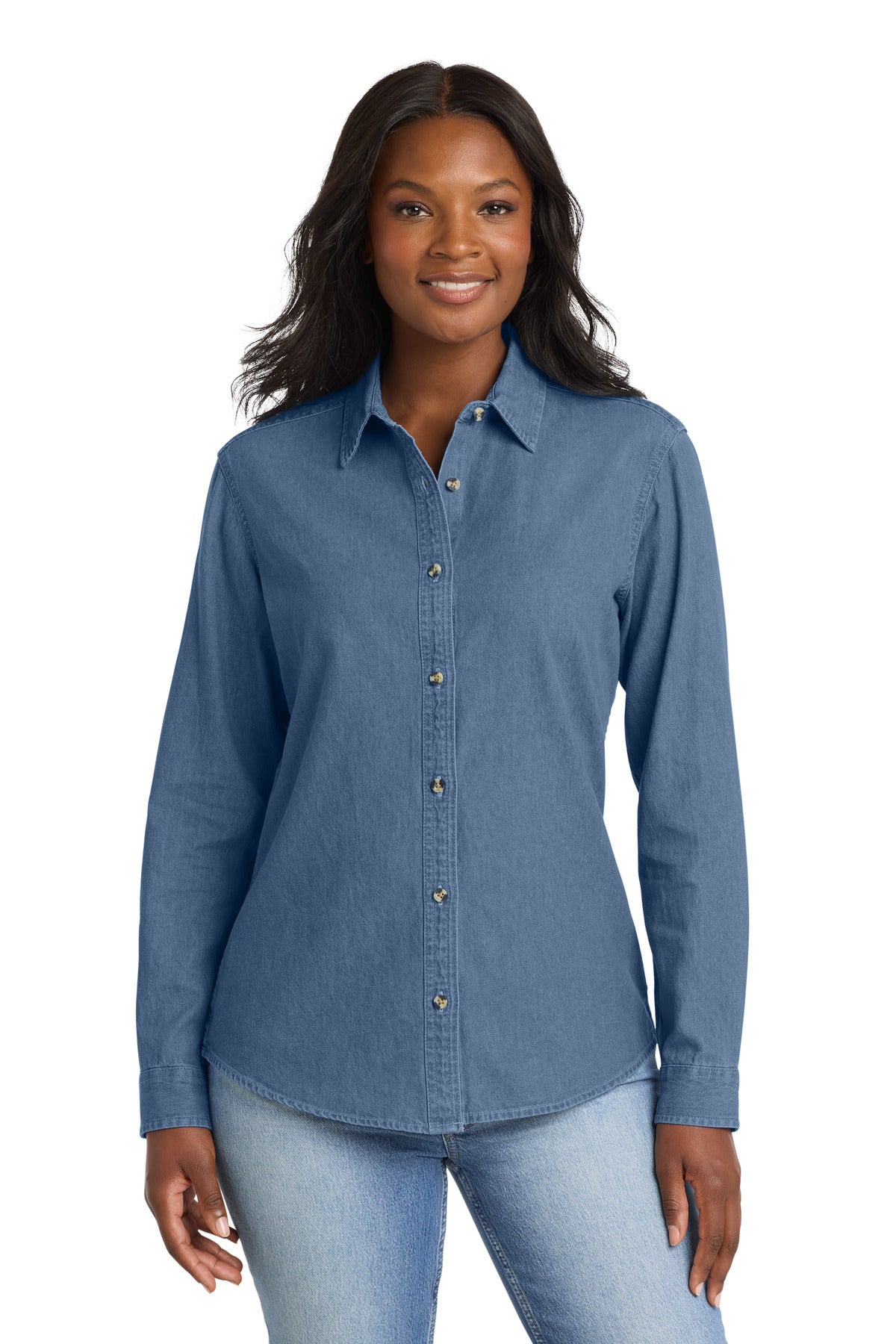 Port & Co Women's Long Sleeve Value Denim Shirt - Faded Blue