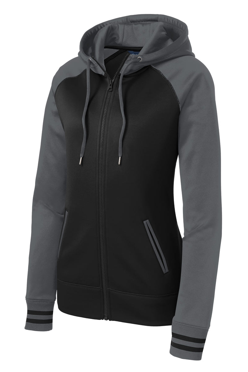 Sport-Tek Women's Sport-Wick Varsity Fleece Full-Zip Hooded Jacket - Black/ Dark Smoke Grey