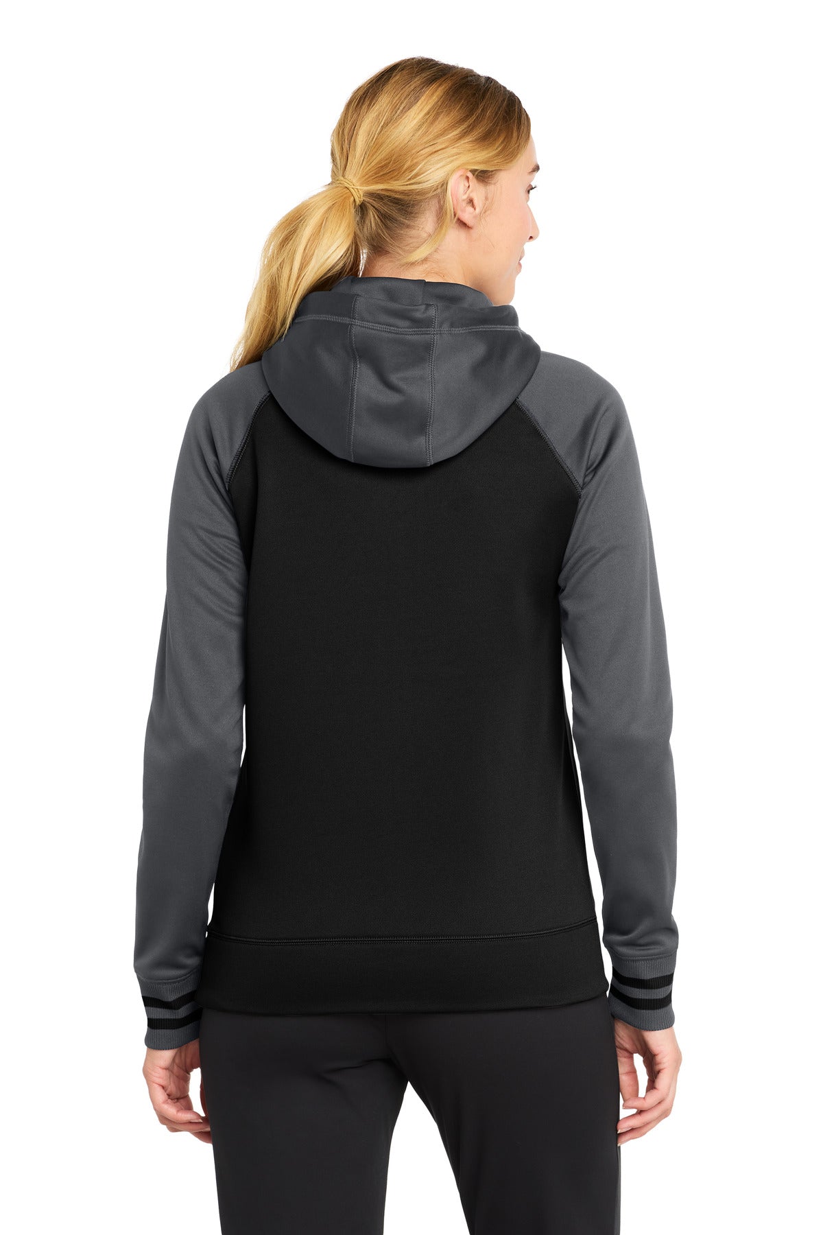 Sport-Tek Women's Sport-Wick Varsity Fleece Full-Zip Hooded Jacket - Black/ Dark Smoke Grey