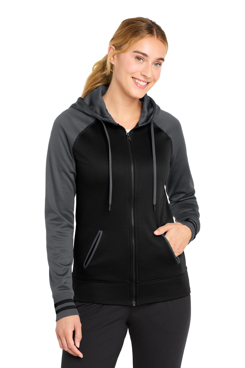 Sport-Tek Women's Sport-Wick Varsity Fleece Full-Zip Hooded Jacket - Black/ Dark Smoke Grey