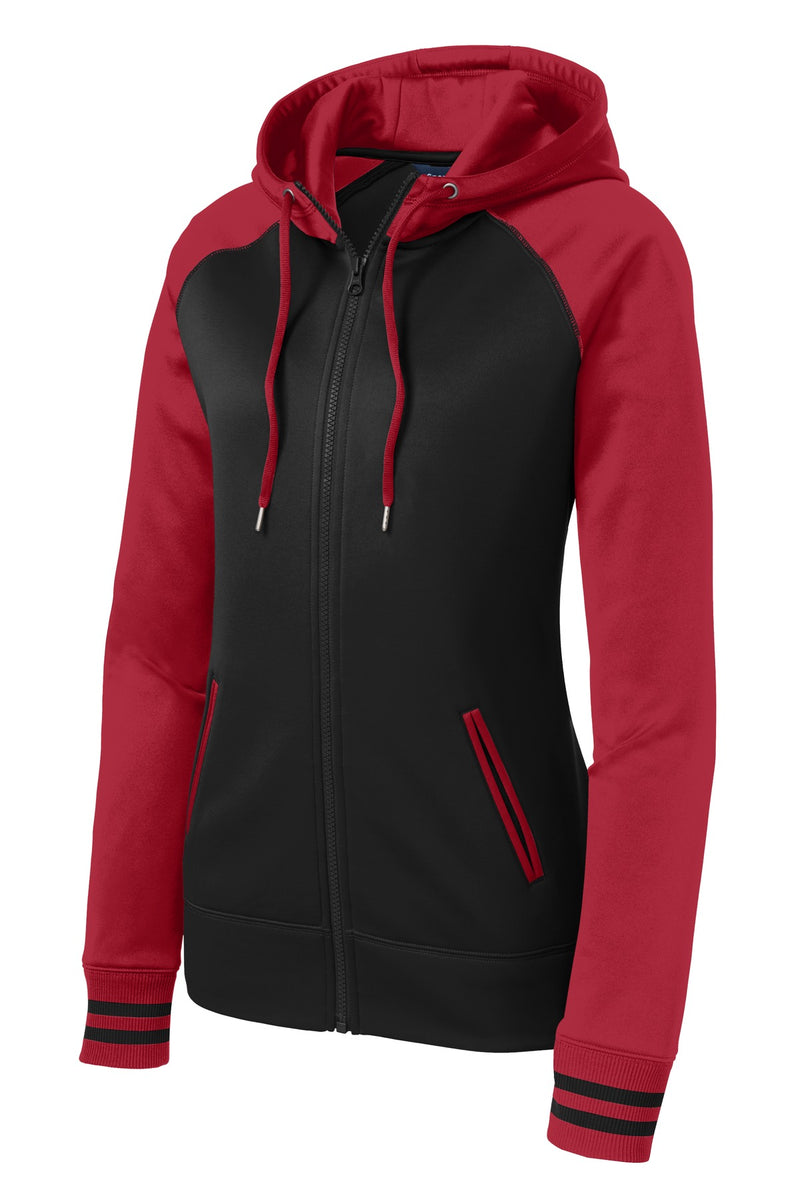Sport-Tek Women's Sport-Wick Varsity Fleece Full-Zip Hooded Jacket - Black/ Deep Red