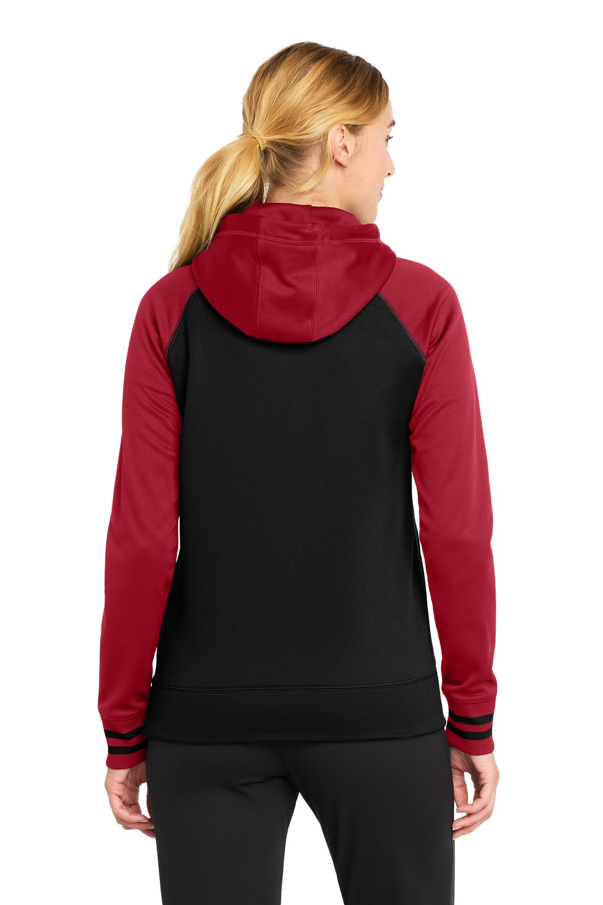 Sport-Tek Women's Sport-Wick Varsity Fleece Full-Zip Hooded Jacket - Black/ Deep Red