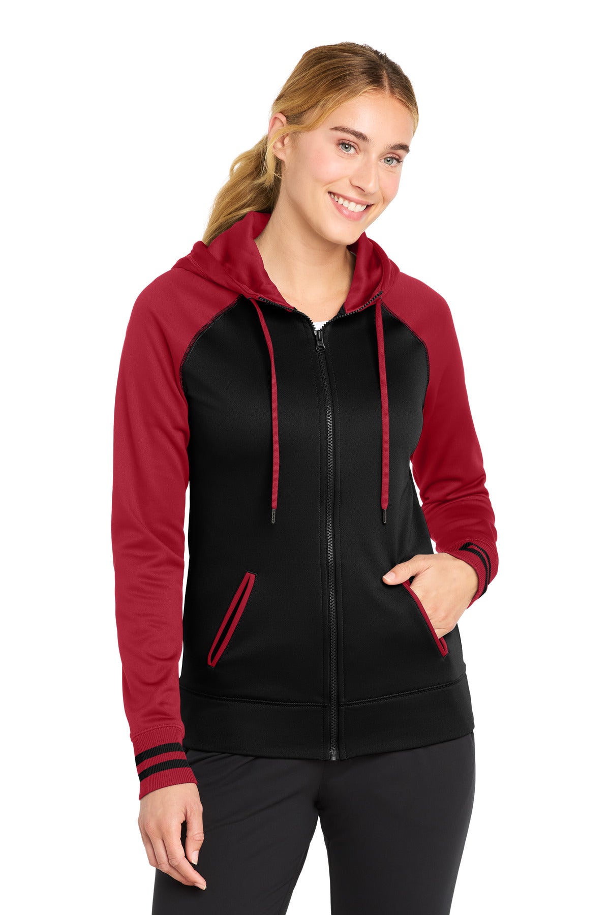 Sport-Tek Women's Sport-Wick Varsity Fleece Full-Zip Hooded Jacket - Black/ Deep Red