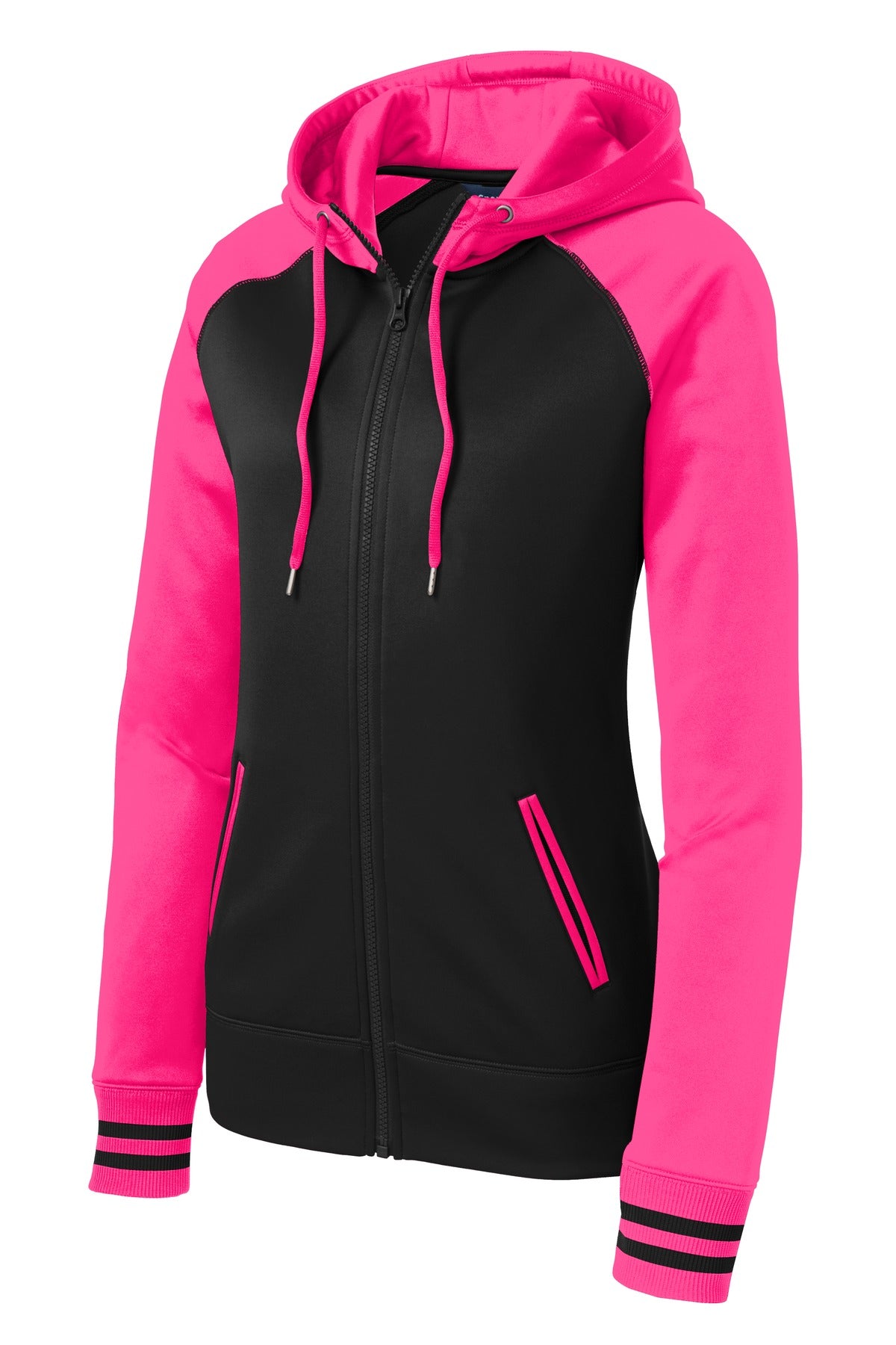 Sport-Tek Women's Sport-Wick Varsity Fleece Full-Zip Hooded Jacket - Black/ Neon Pink