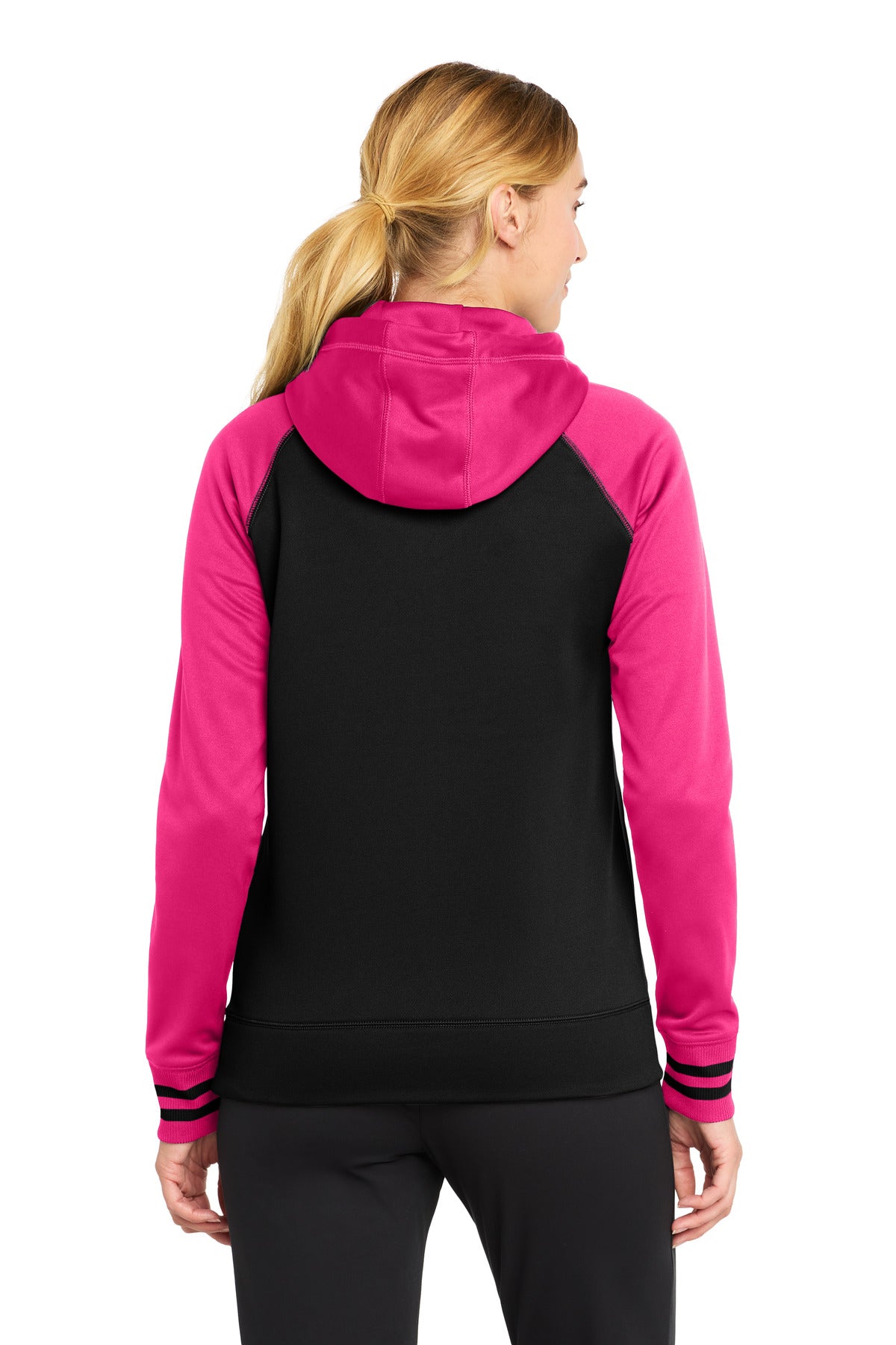 Sport-Tek Women's Sport-Wick Varsity Fleece Full-Zip Hooded Jacket - Black/ Neon Pink