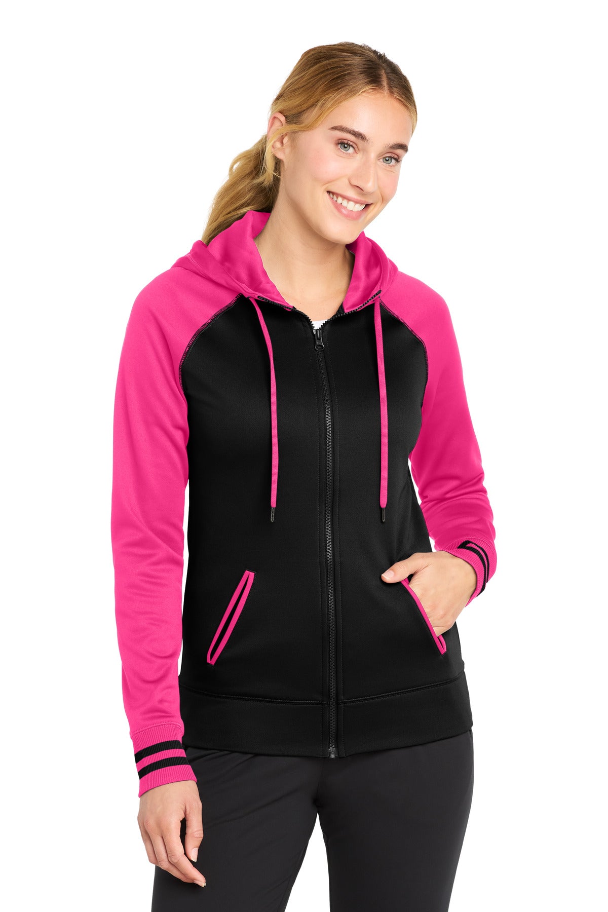 Sport-Tek Women's Sport-Wick Varsity Fleece Full-Zip Hooded Jacket - Black/ Neon Pink