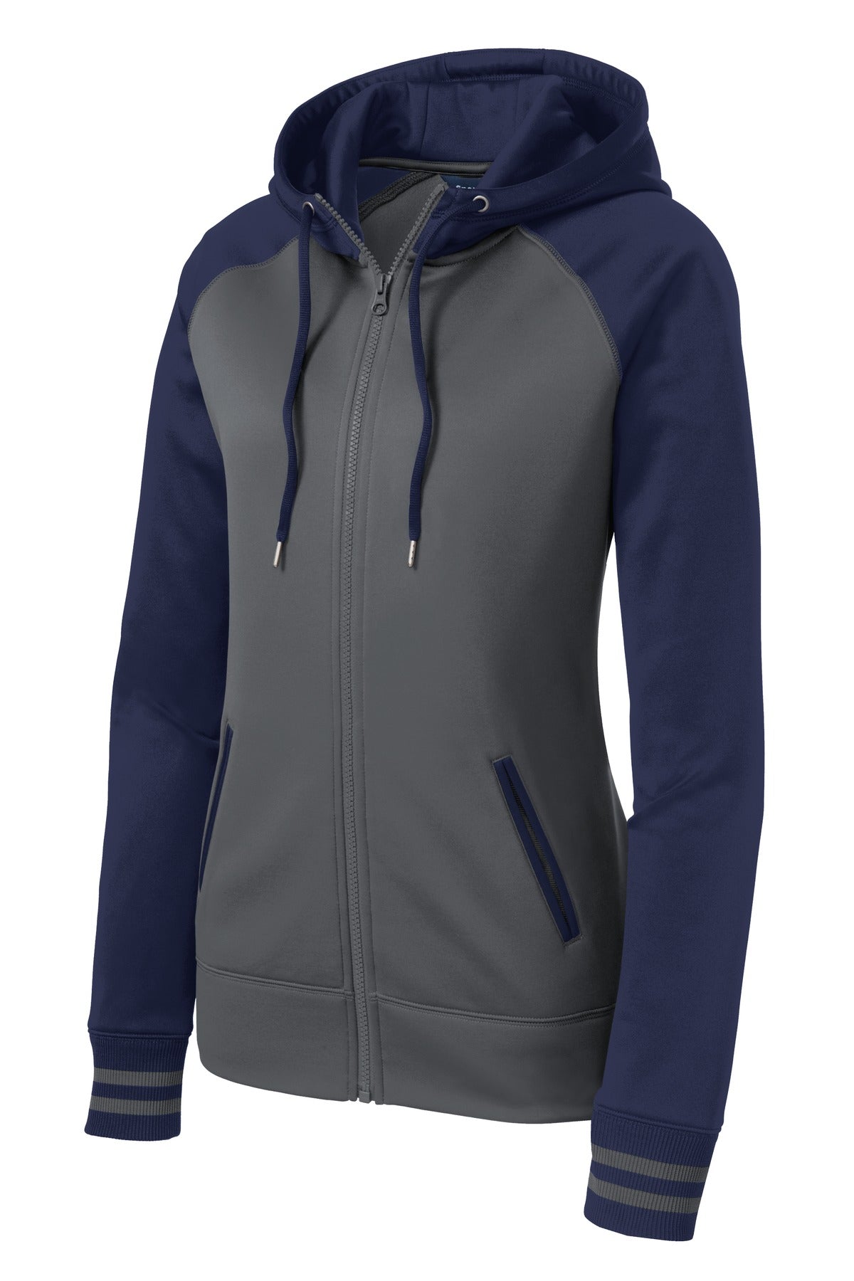 Sport-Tek Women's Sport-Wick Varsity Fleece Full-Zip Hooded Jacket - Dark Smoke Grey/ Navy
