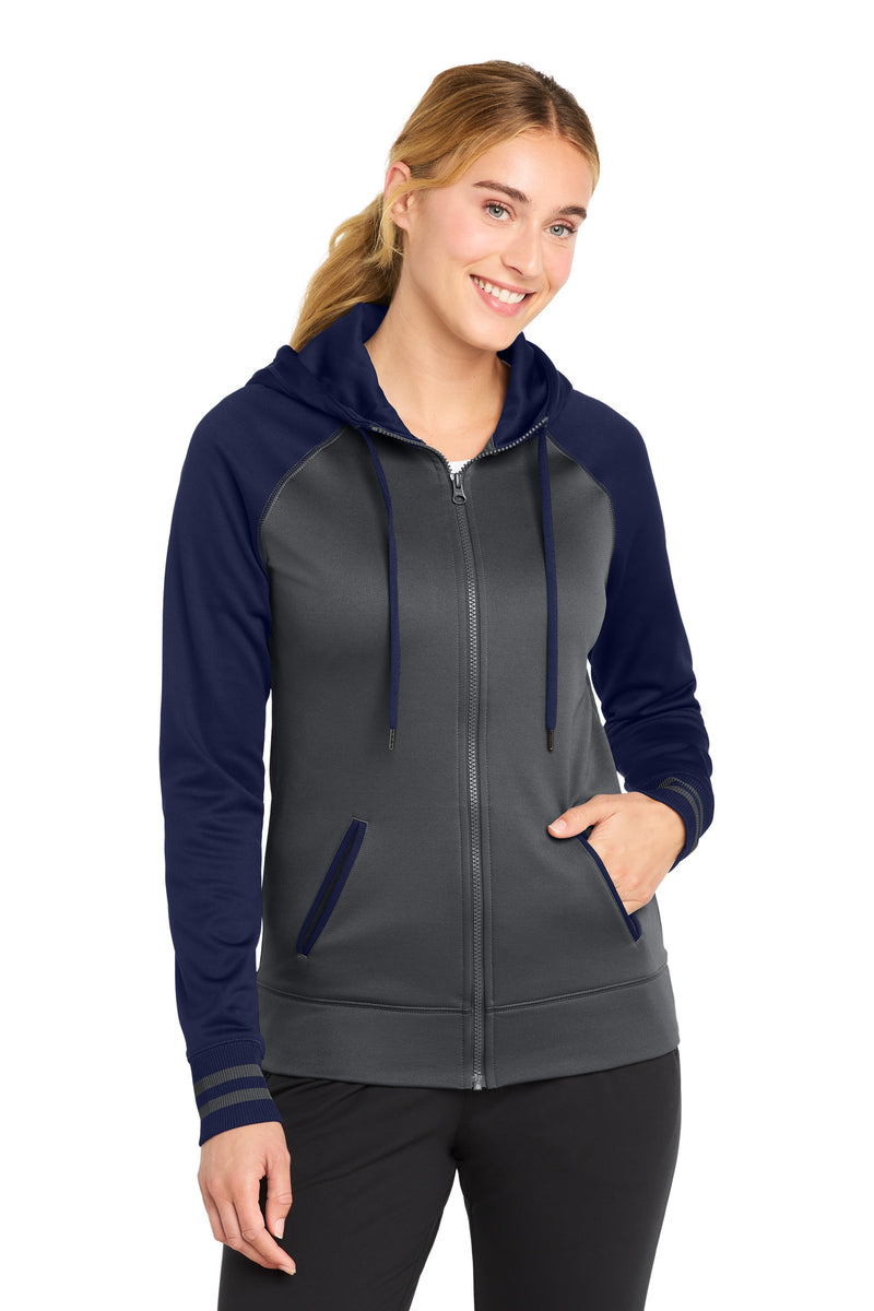 Sport-Tek Women's Sport-Wick Varsity Fleece Full-Zip Hooded Jacket - Dark Smoke Grey/ Navy