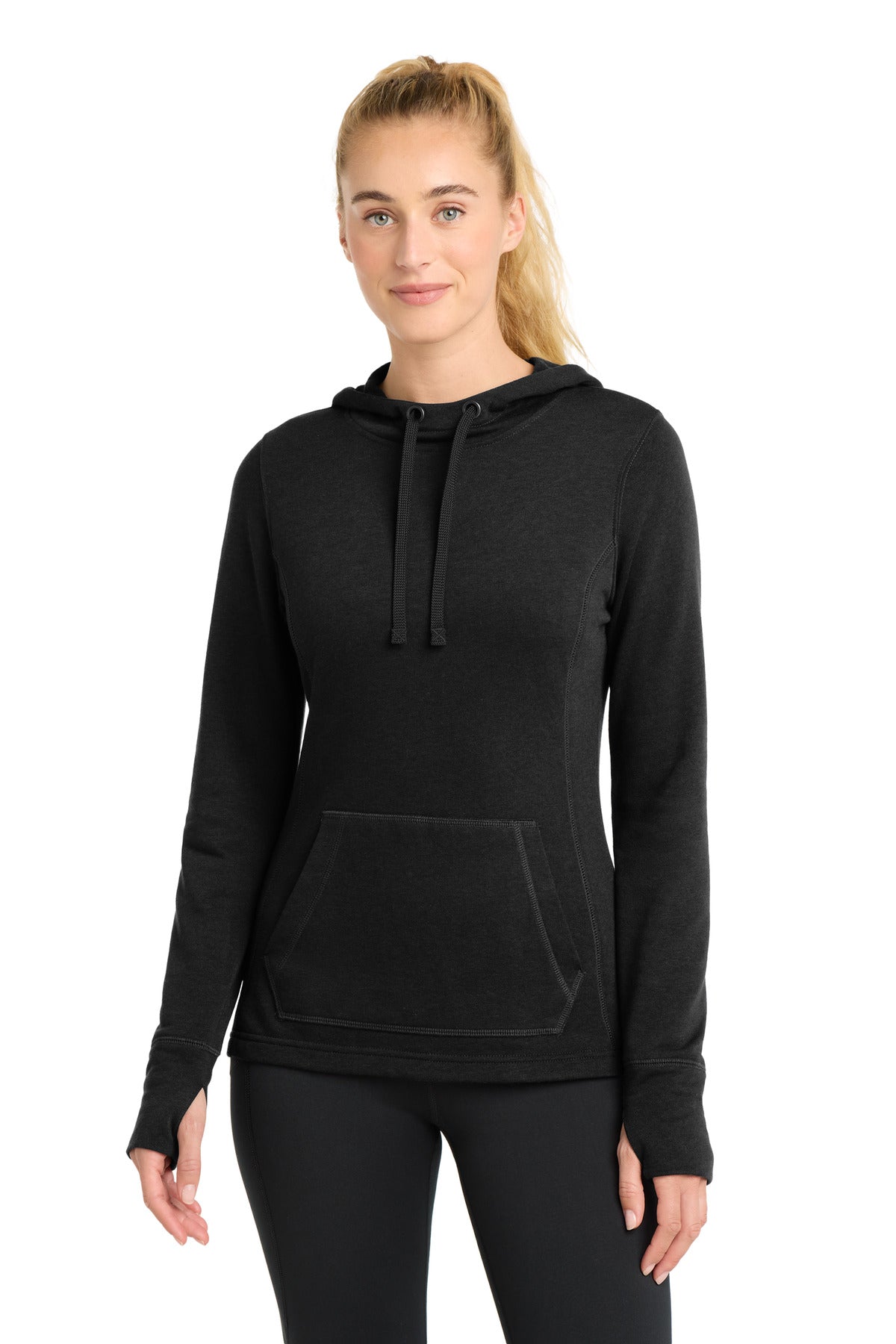Sport-Tek  Women's PosiCharge  Tri-Blend Wicking Fleece Hooded Pullover - Black Triad Solid