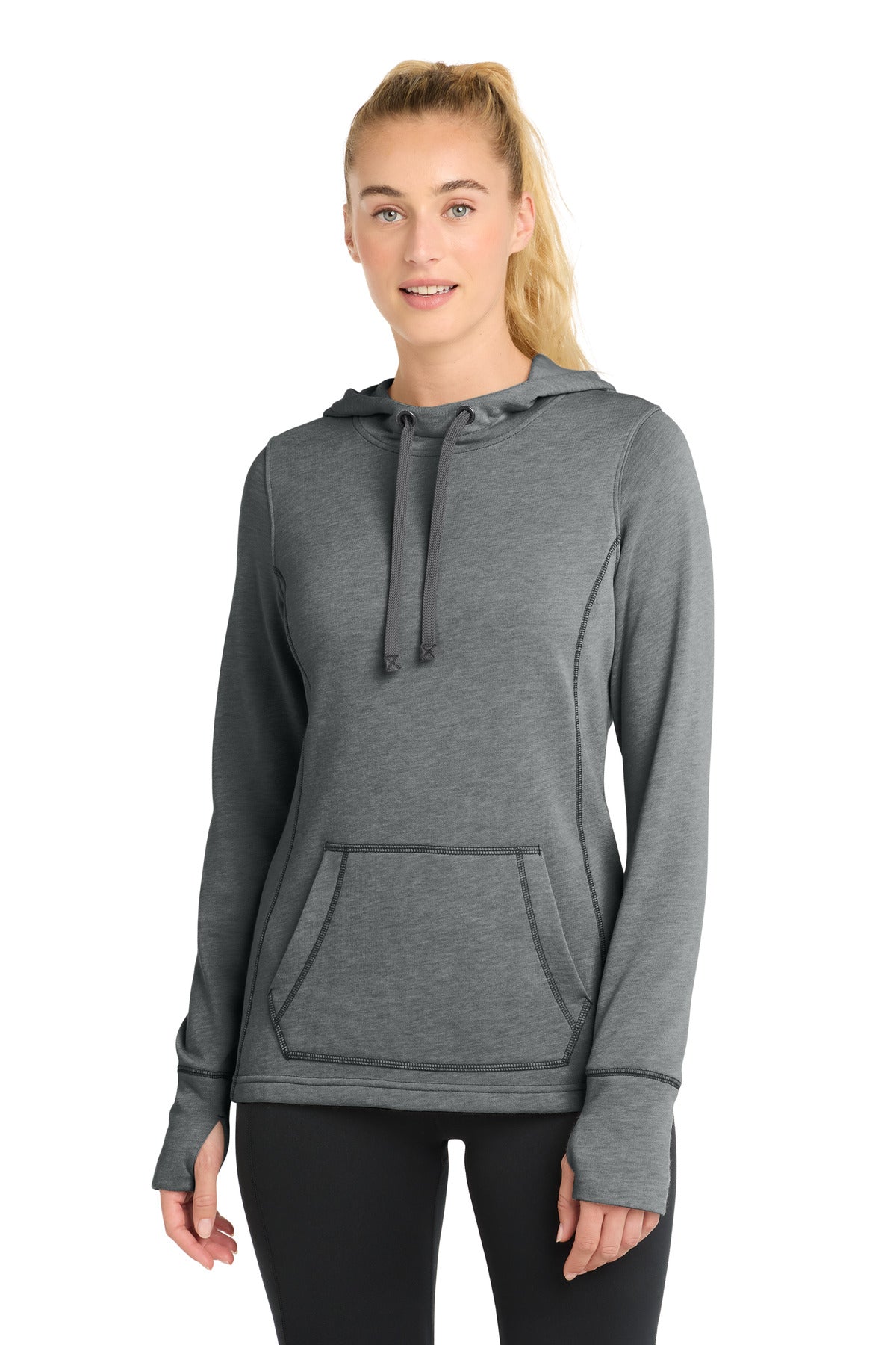 Sport-Tek  Women's PosiCharge  Tri-Blend Wicking Fleece Hooded Pullover - Dark Grey Heather